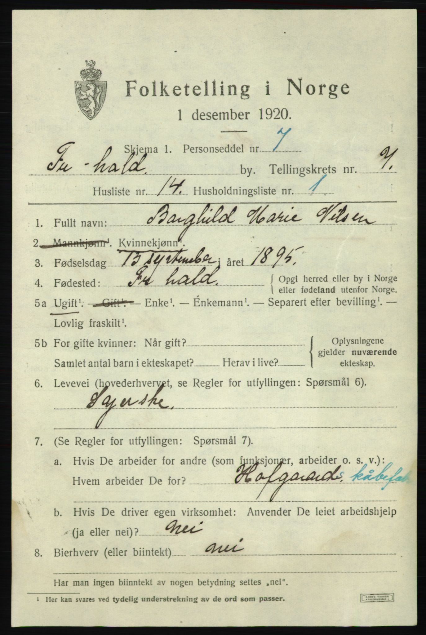 SAO, 1920 census for Fredrikshald, 1920, p. 14160