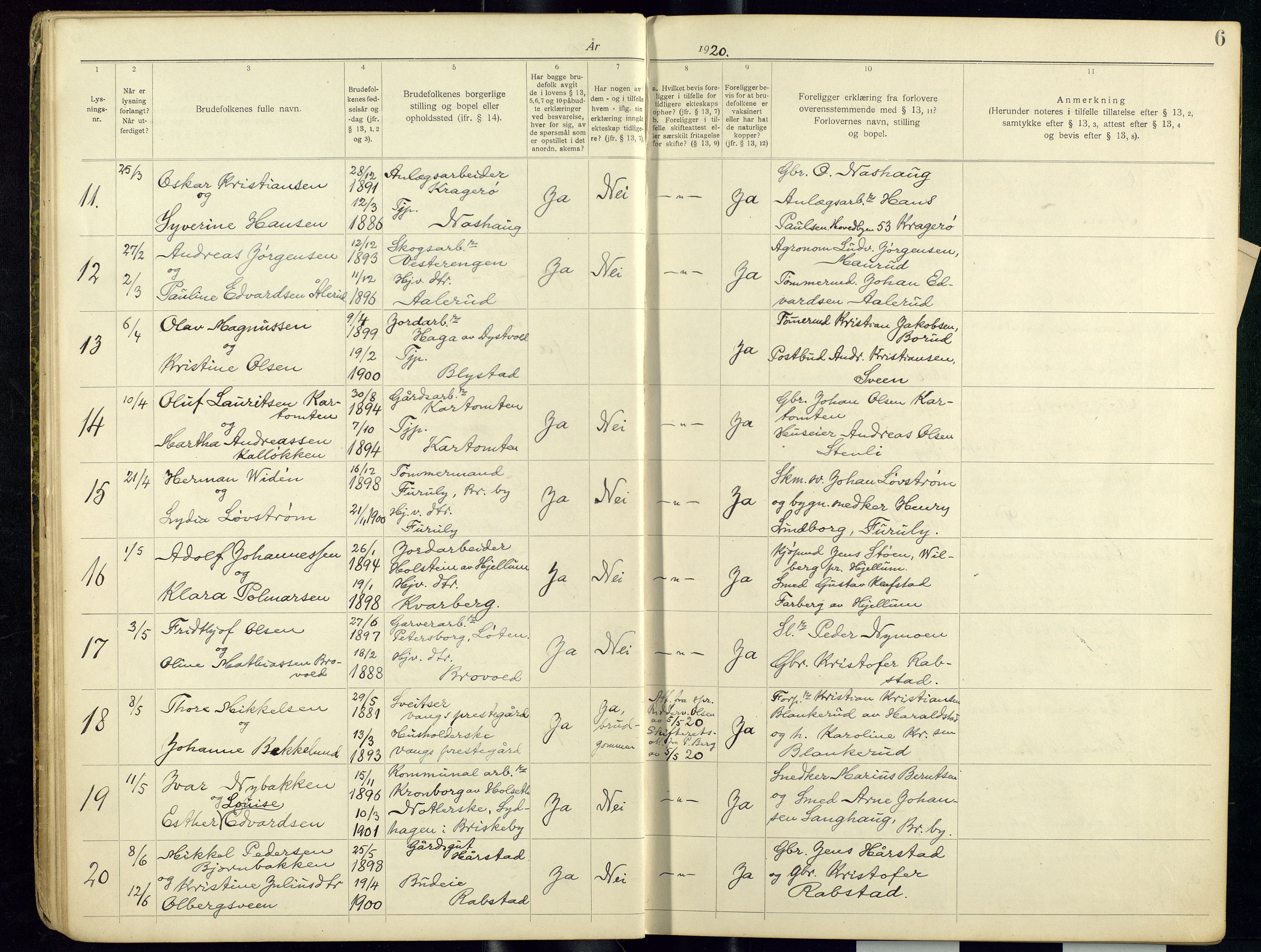 Vang prestekontor, Hedmark, AV/SAH-PREST-008/I/Ie/L0001/0001: Banns register no. 1, 1919-1938, p. 6