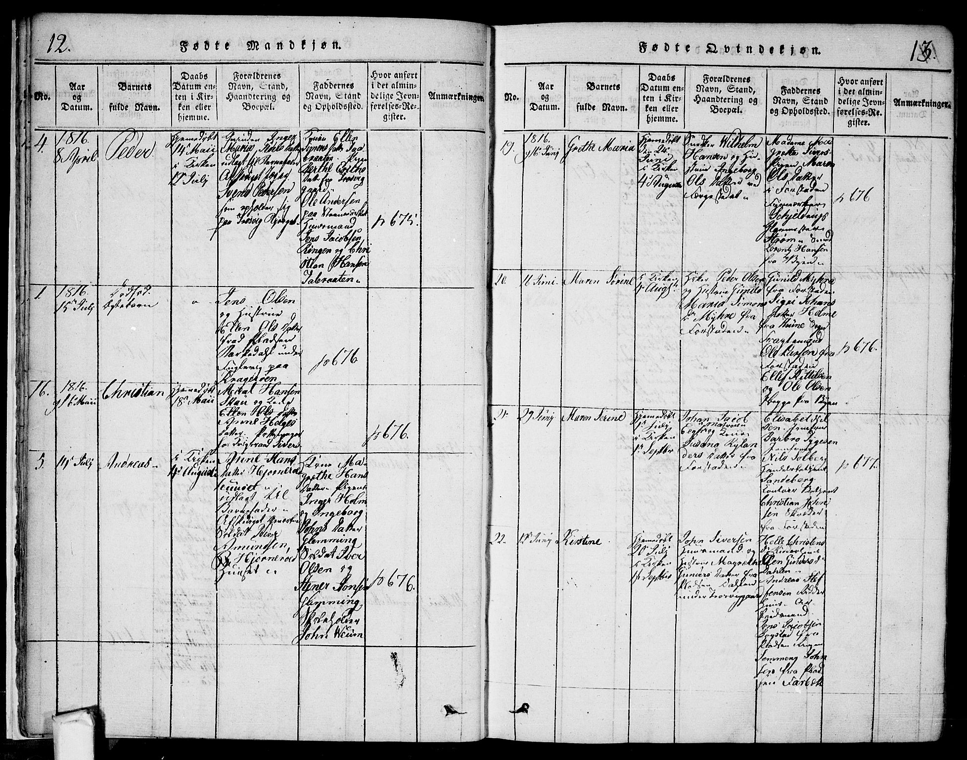 Glemmen prestekontor Kirkebøker, SAO/A-10908/F/Fa/L0004: Parish register (official) no. 4, 1816-1838, p. 12-13