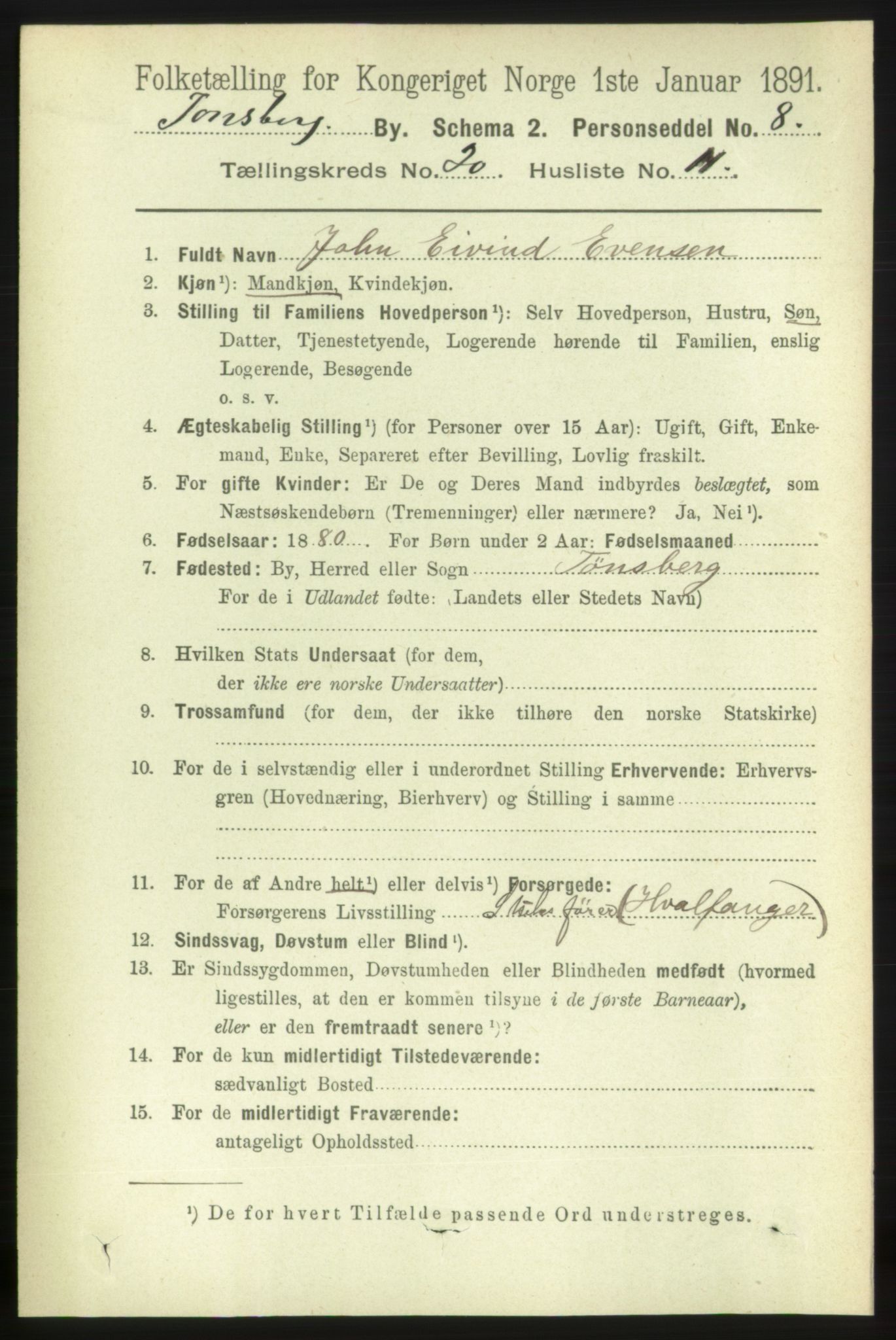 RA, 1891 census for 0705 Tønsberg, 1891, p. 5564