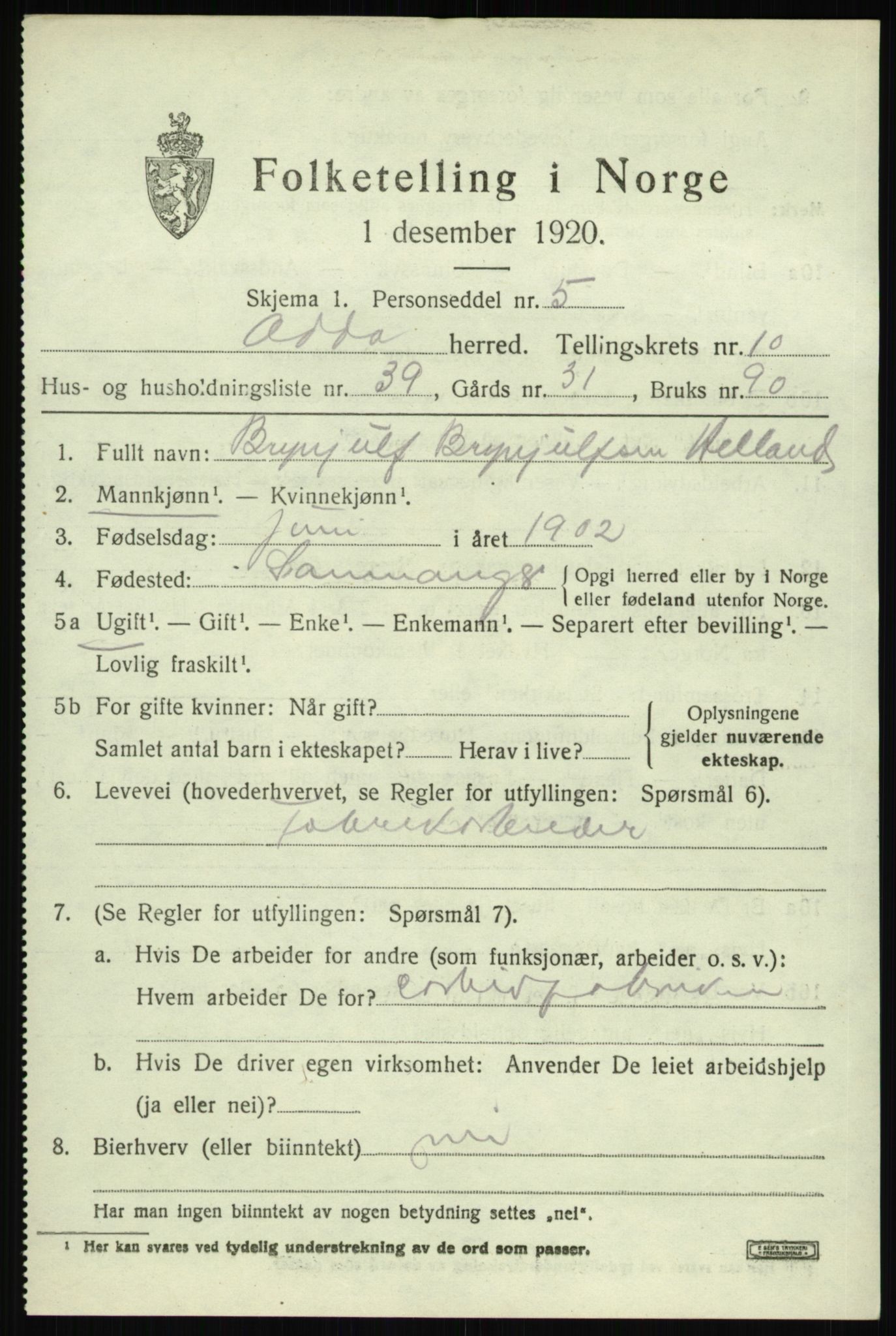 SAB, 1920 census for Odda, 1920, p. 10781