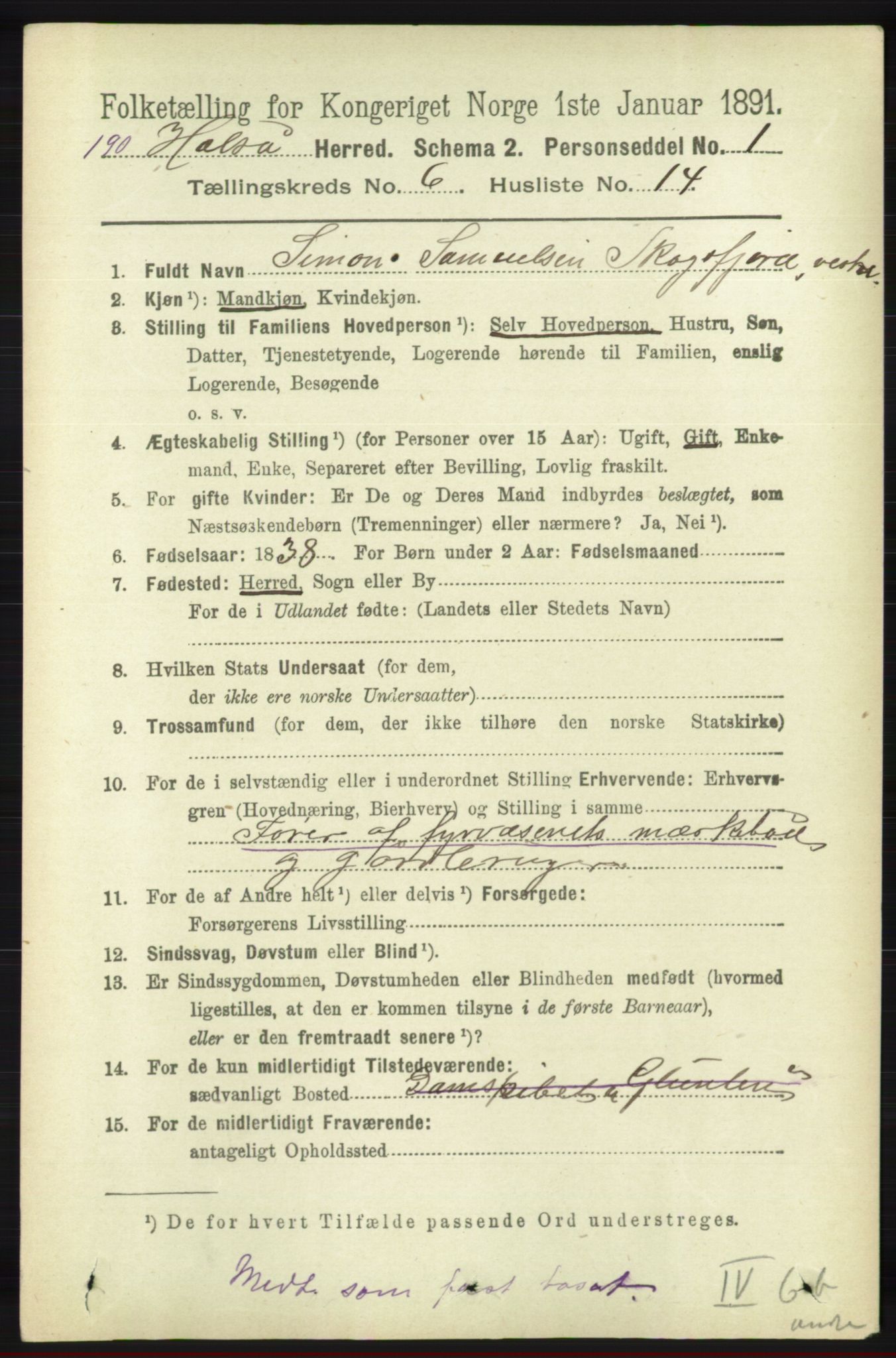 RA, 1891 census for 1019 Halse og Harkmark, 1891, p. 2450