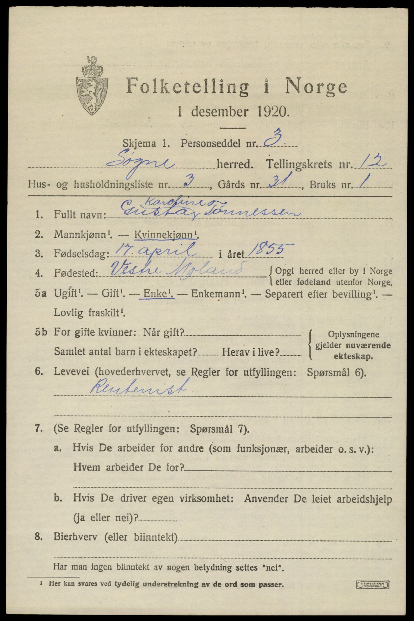 SAK, 1920 census for Søgne, 1920, p. 5951