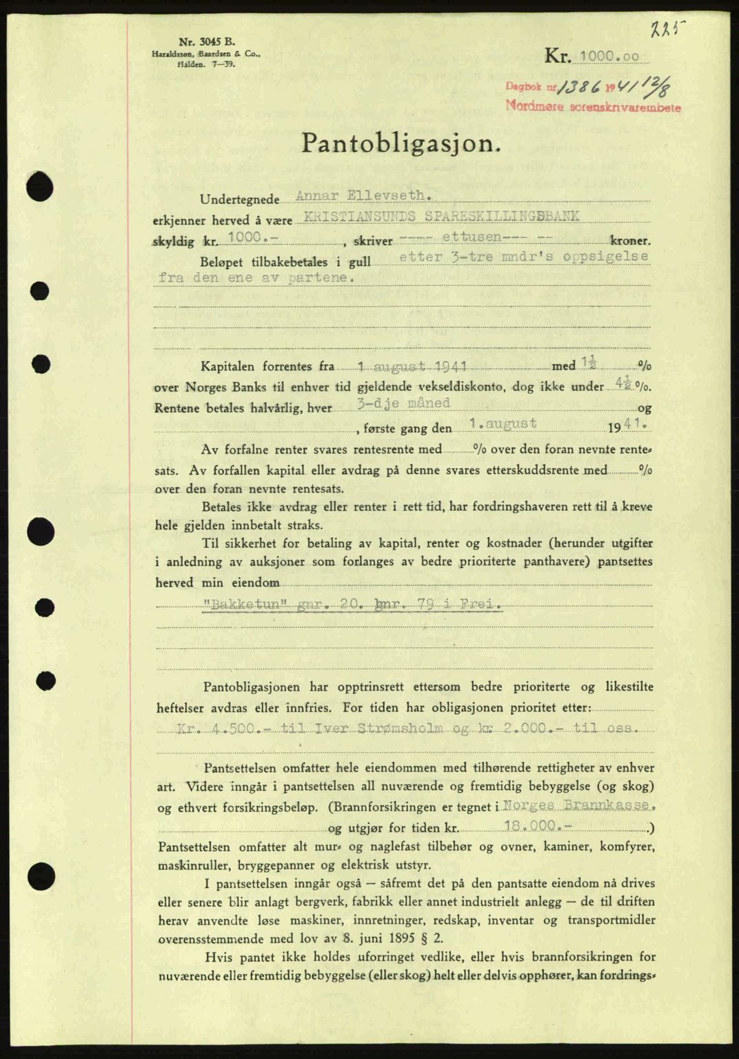 Nordmøre sorenskriveri, AV/SAT-A-4132/1/2/2Ca: Mortgage book no. B88, 1941-1942, Diary no: : 1386/1941