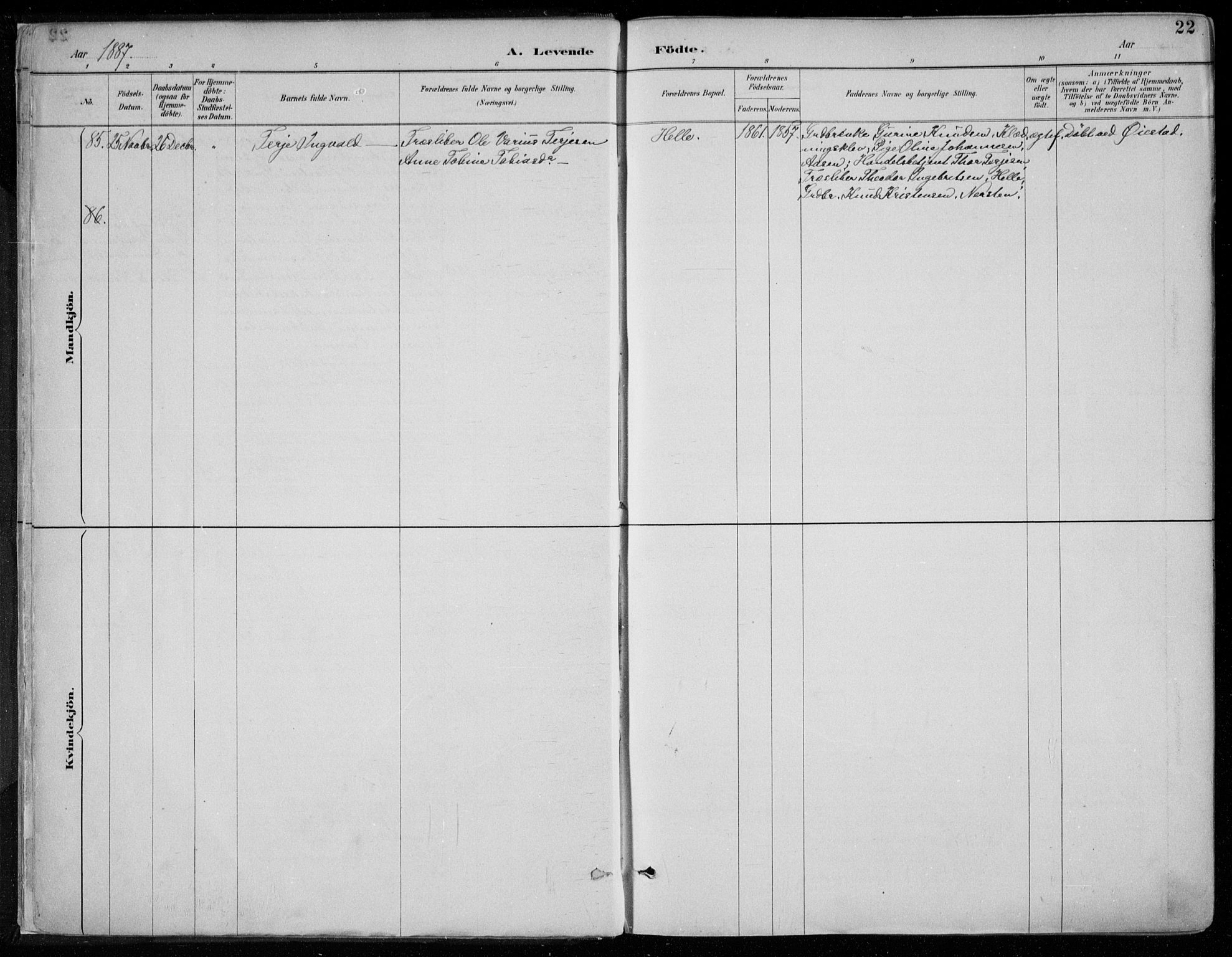 Øyestad sokneprestkontor, AV/SAK-1111-0049/F/Fa/L0017: Parish register (official) no. A 17, 1887-1896, p. 22