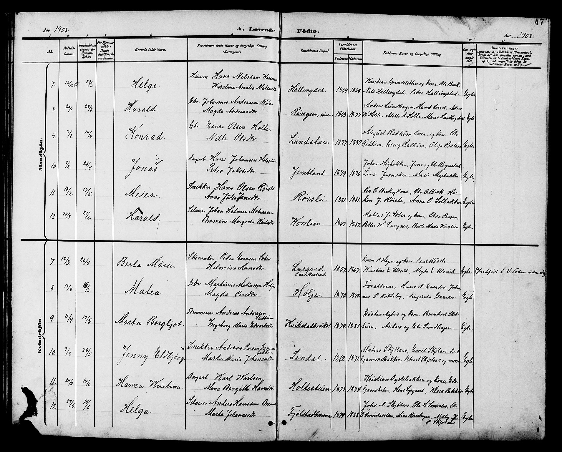 Vestre Toten prestekontor, SAH/PREST-108/H/Ha/Hab/L0011: Parish register (copy) no. 11, 1901-1911, p. 47