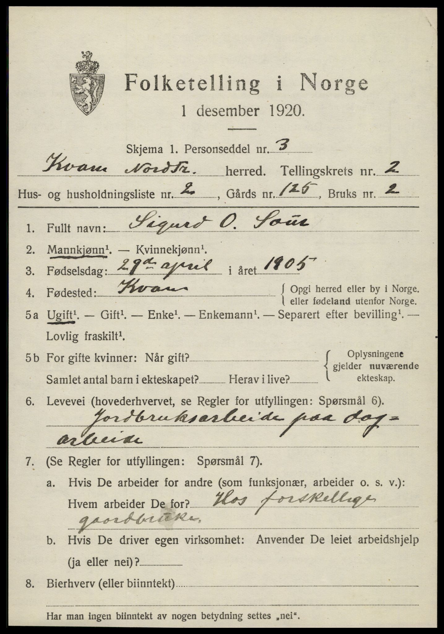 SAT, 1920 census for Kvam, 1920, p. 693