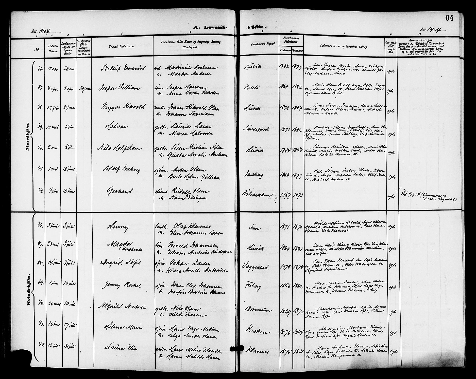 Sandar kirkebøker, AV/SAKO-A-243/G/Ga/L0002: Parish register (copy) no. 2, 1900-1915, p. 64