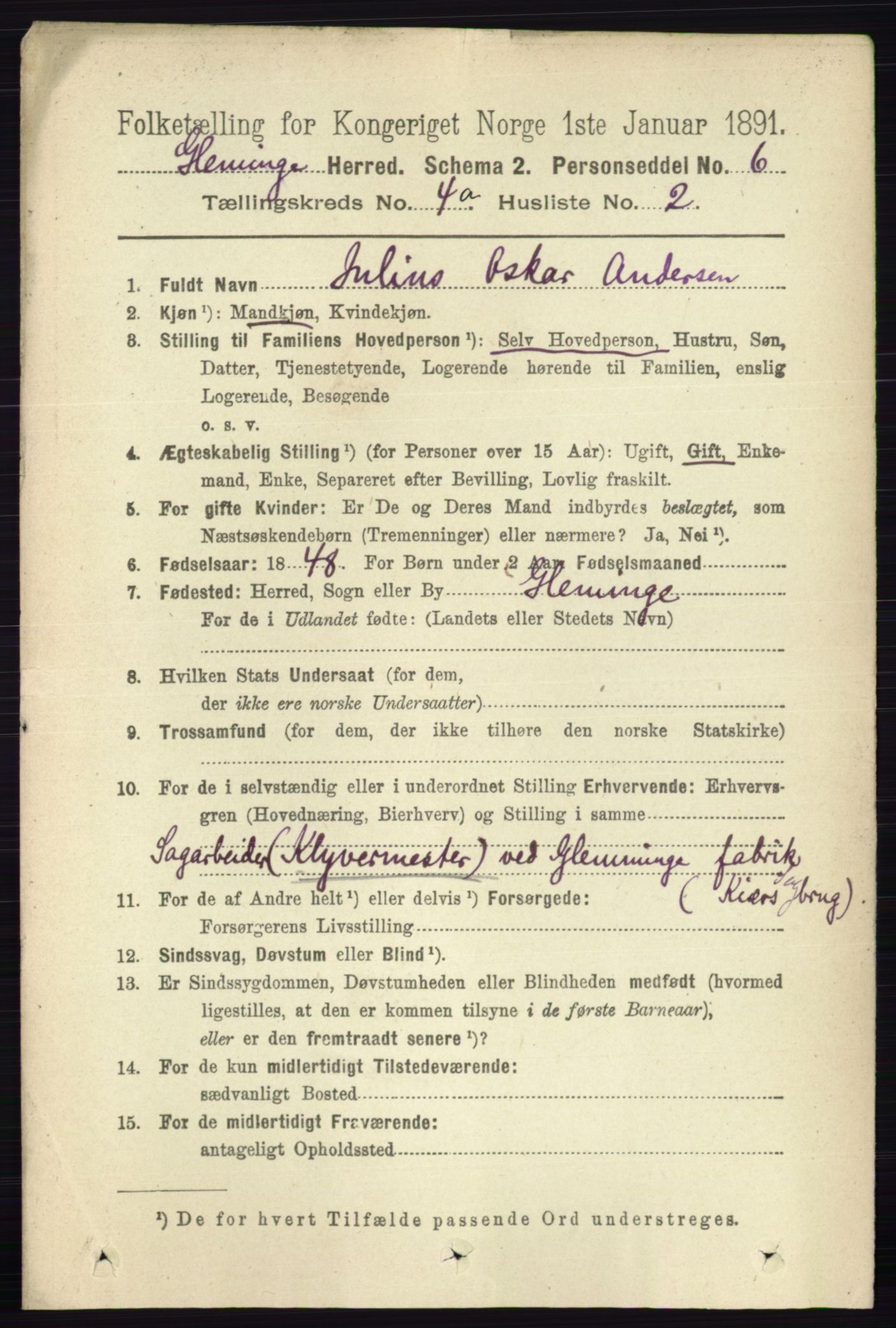 RA, 1891 census for 0132 Glemmen, 1891, p. 3485