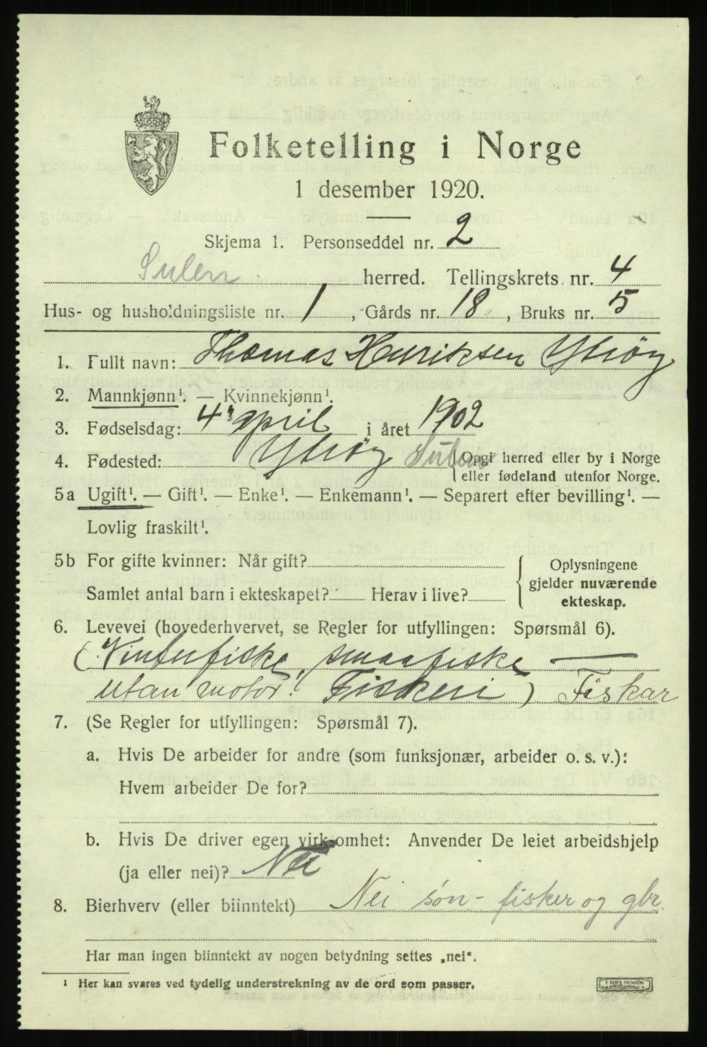 SAB, 1920 census for Solund, 1920, p. 1752