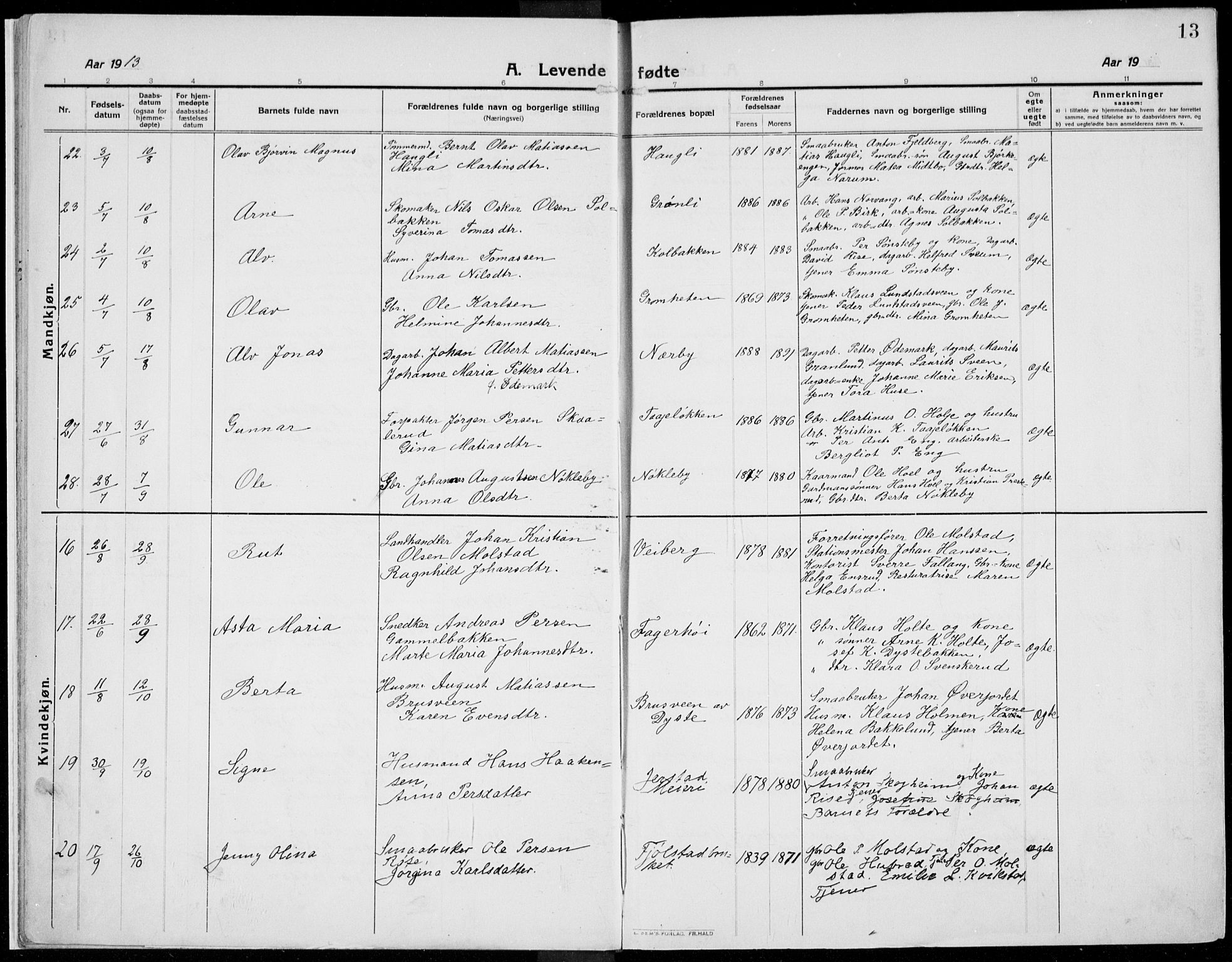 Kolbu prestekontor, AV/SAH-PREST-110/H/Ha/Haa/L0002: Parish register (official) no. 2, 1912-1926, p. 13