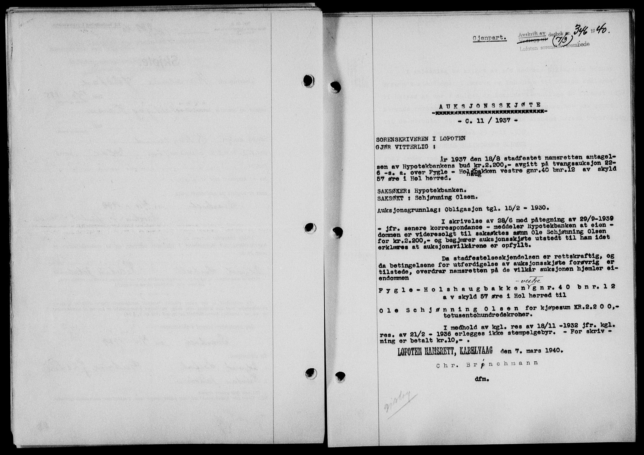 Lofoten sorenskriveri, SAT/A-0017/1/2/2C/L0007a: Mortgage book no. 7a, 1939-1940, Diary no: : 346/1940