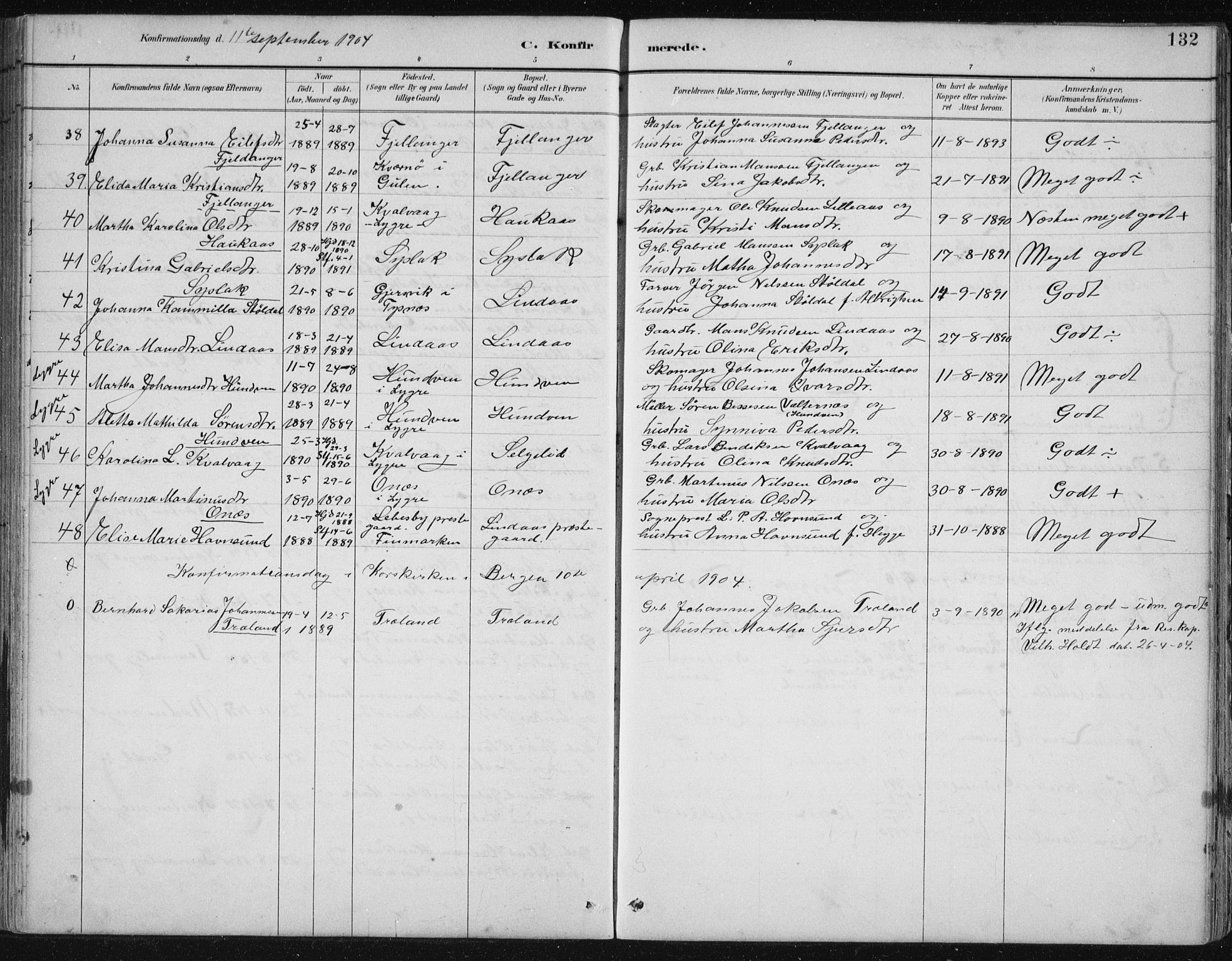 Lindås Sokneprestembete, SAB/A-76701/H/Hab: Parish register (copy) no. B 3, 1886-1914, p. 132