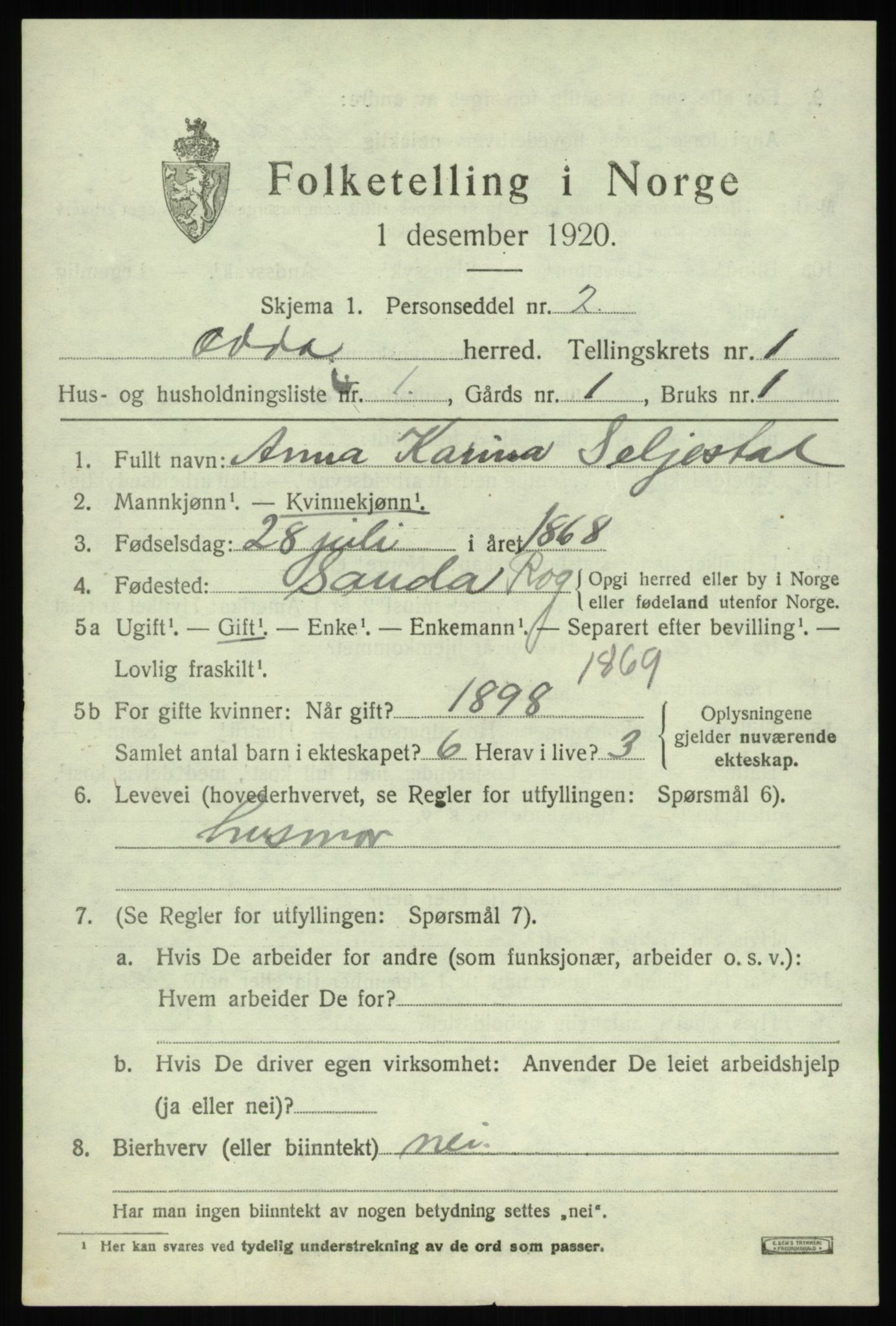 SAB, 1920 census for Odda, 1920, p. 1367