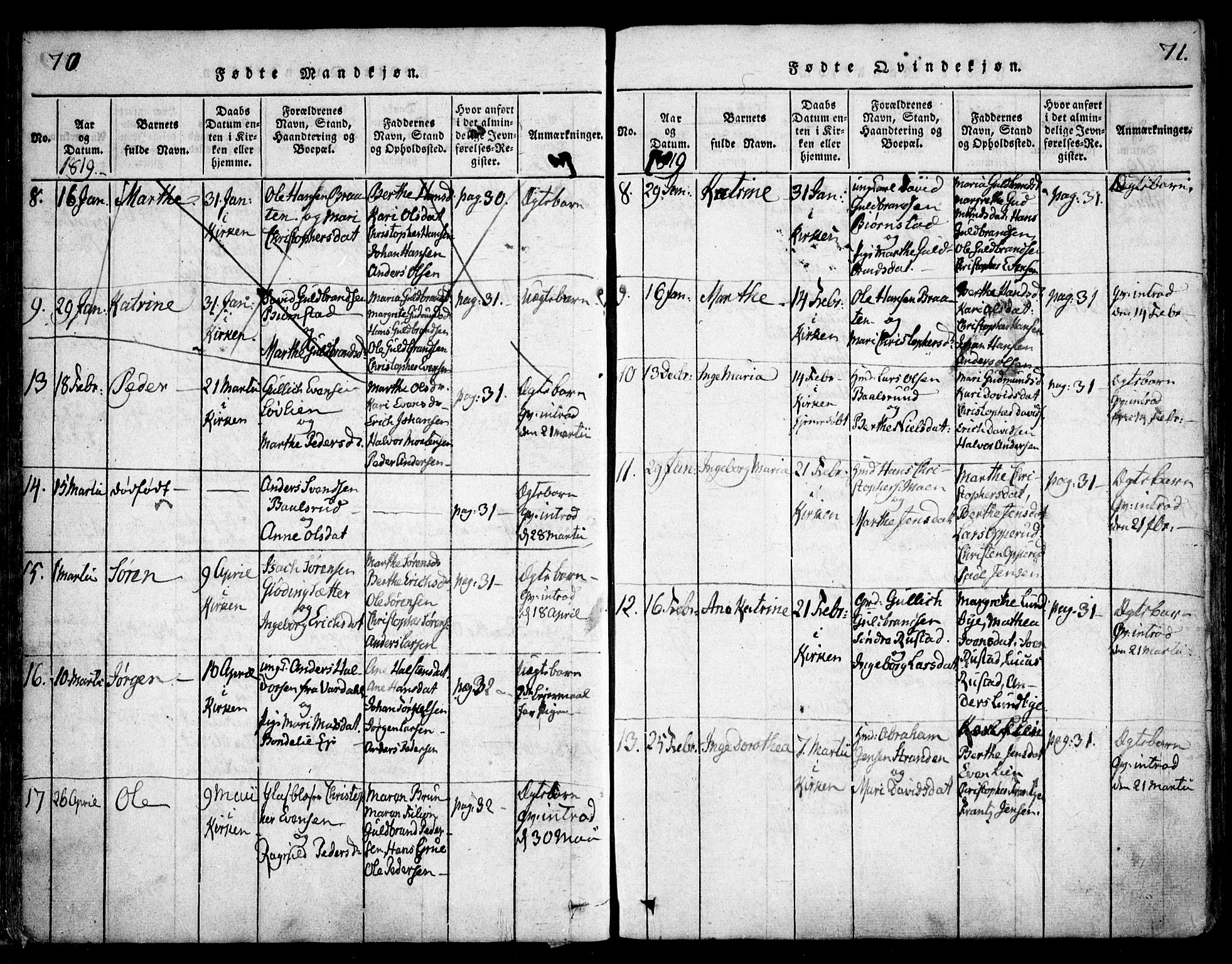 Hurdal prestekontor Kirkebøker, SAO/A-10889/F/Fa/L0003: Parish register (official) no. I 3, 1815-1828, p. 70-71