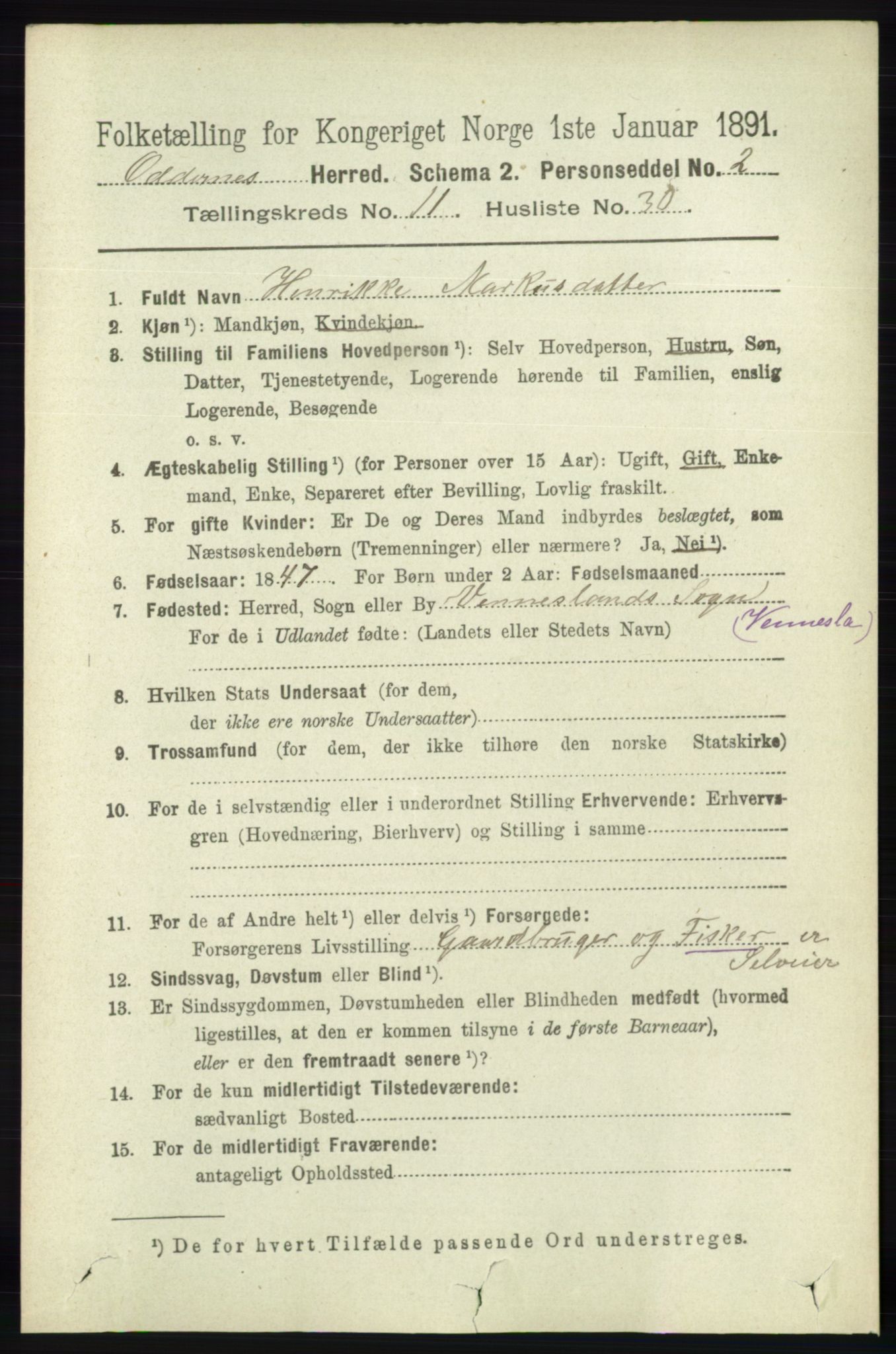 RA, 1891 census for 1012 Oddernes, 1891, p. 4299