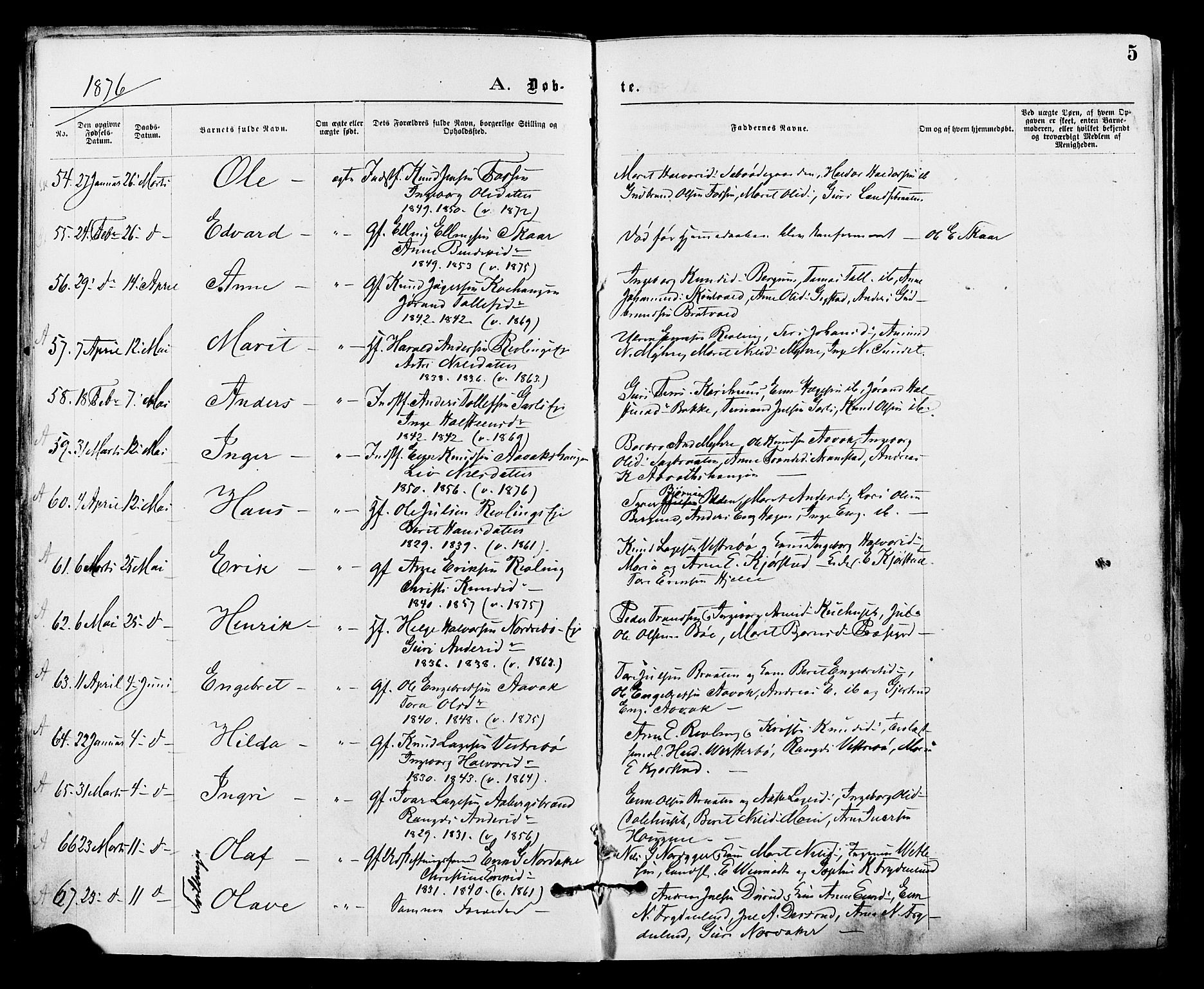 Nord-Aurdal prestekontor, AV/SAH-PREST-132/H/Ha/Haa/L0009: Parish register (official) no. 9, 1876-1882, p. 5