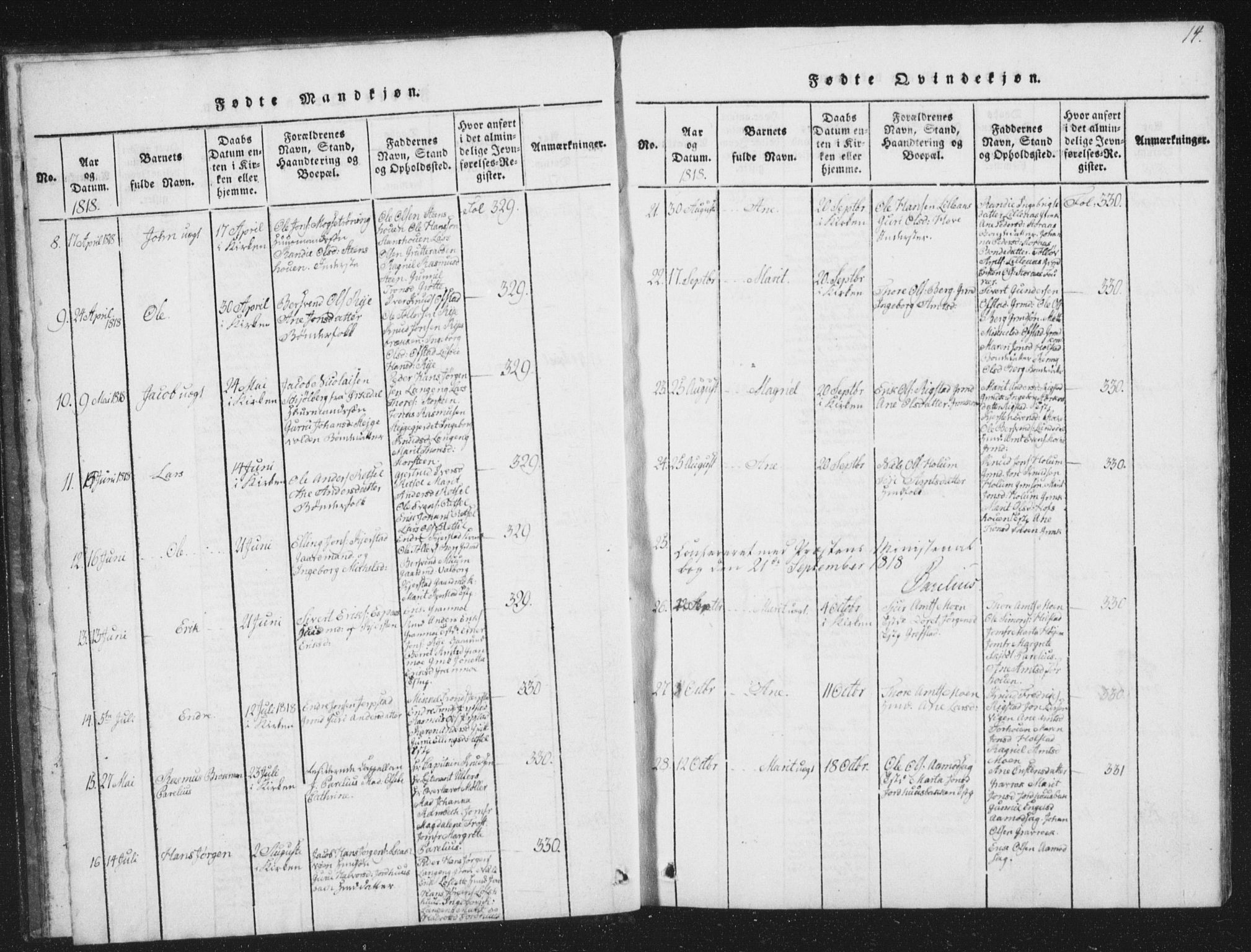 Ministerialprotokoller, klokkerbøker og fødselsregistre - Sør-Trøndelag, AV/SAT-A-1456/672/L0862: Parish register (copy) no. 672C01, 1816-1831, p. 14