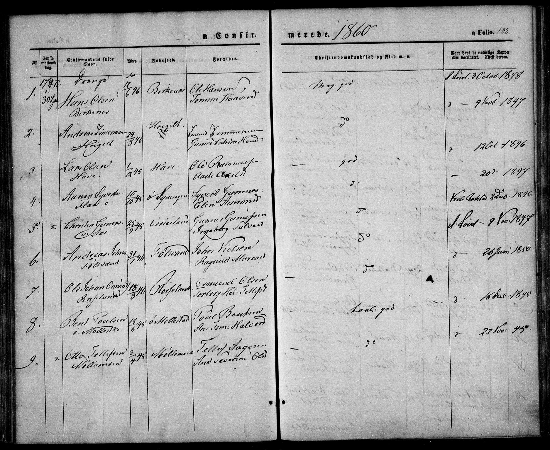 Birkenes sokneprestkontor, AV/SAK-1111-0004/F/Fa/L0003: Parish register (official) no. A 3, 1850-1866, p. 132