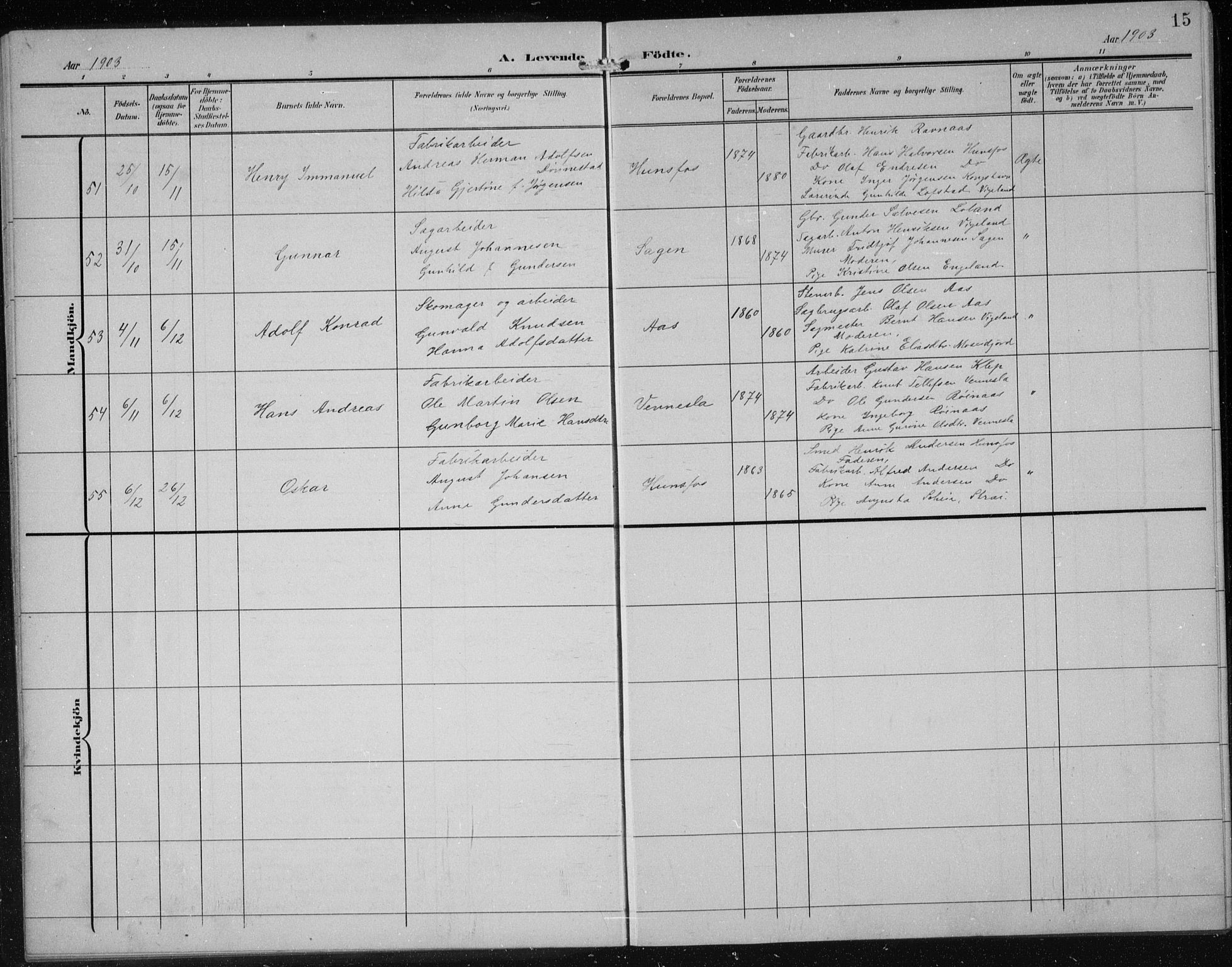 Vennesla sokneprestkontor, AV/SAK-1111-0045/Fb/Fbb/L0005: Parish register (copy) no. B 5, 1903-1913, p. 15