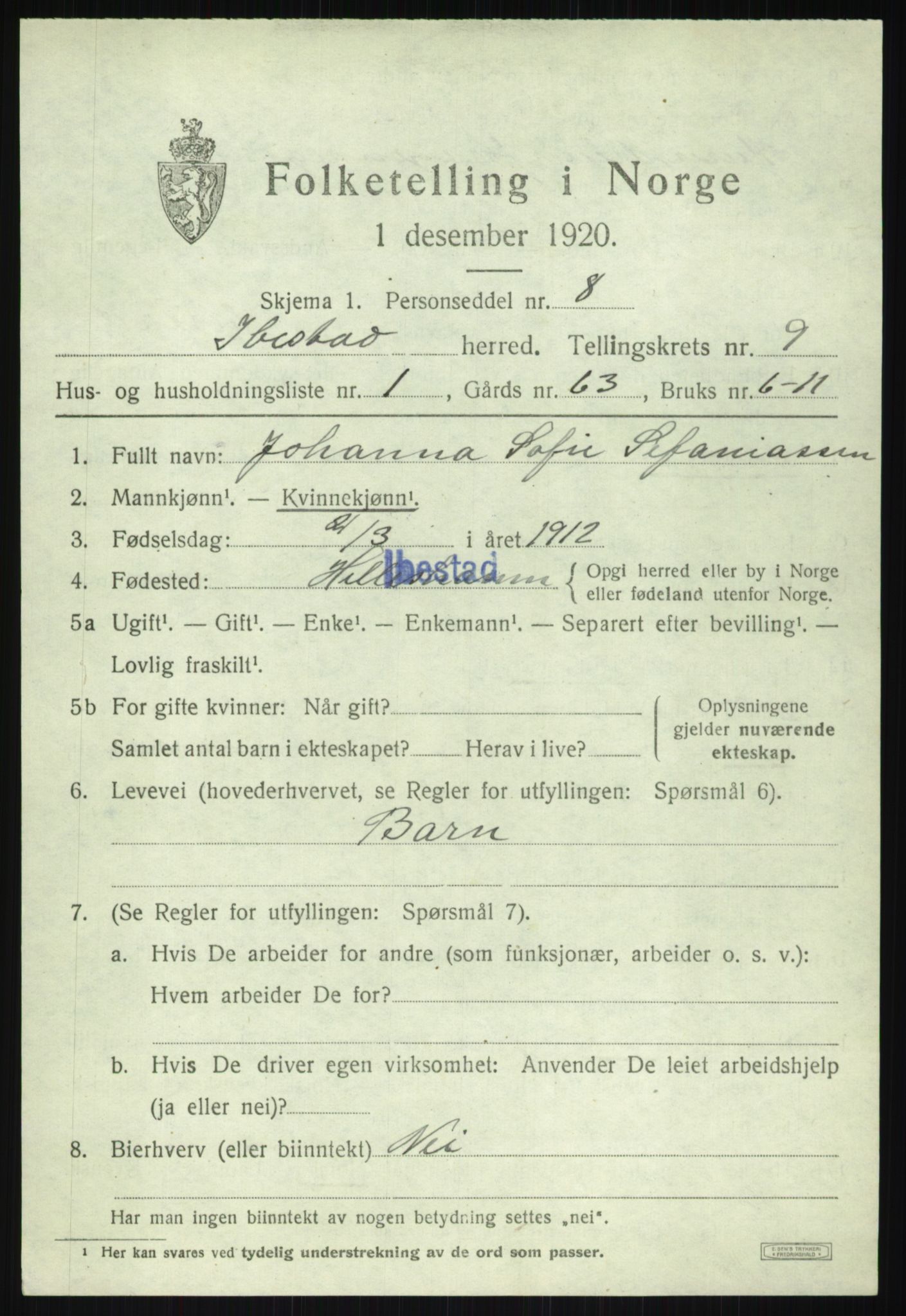 SATØ, 1920 census for Ibestad, 1920, p. 5430