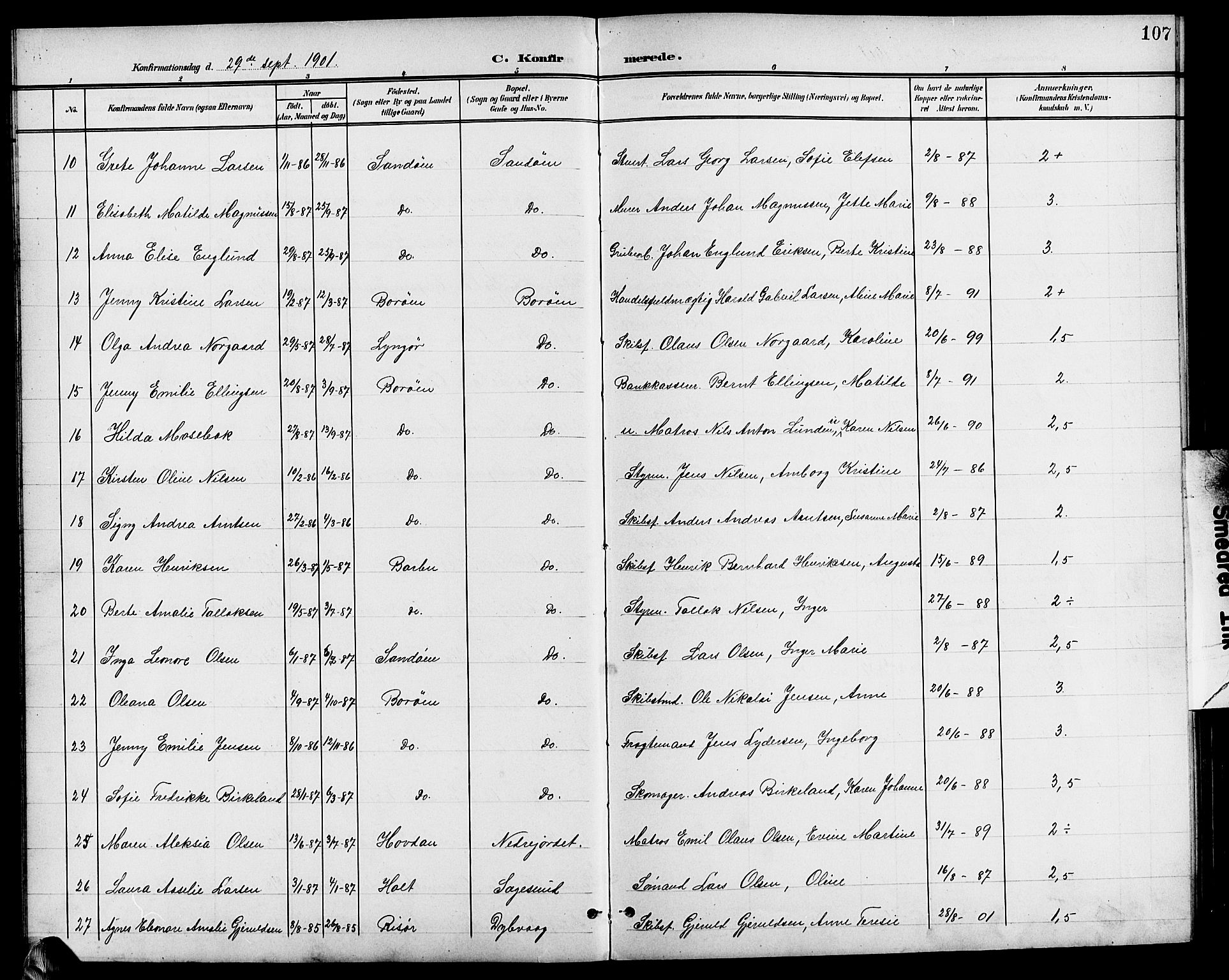 Dypvåg sokneprestkontor, SAK/1111-0007/F/Fb/Fba/L0014: Parish register (copy) no. B 14, 1901-1922, p. 107