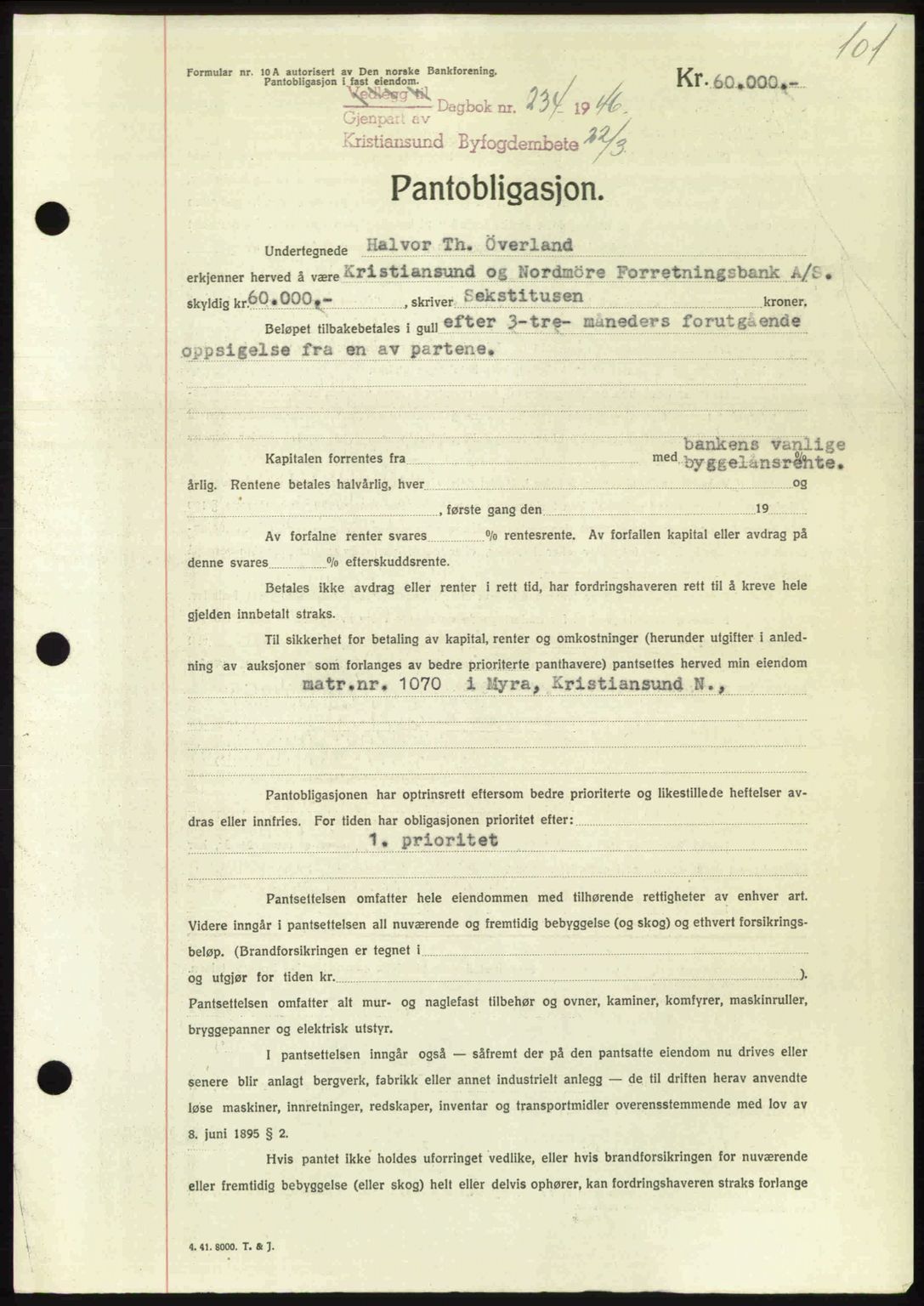 Kristiansund byfogd, AV/SAT-A-4587/A/27: Mortgage book no. 40, 1946-1946, Diary no: : 234/1946