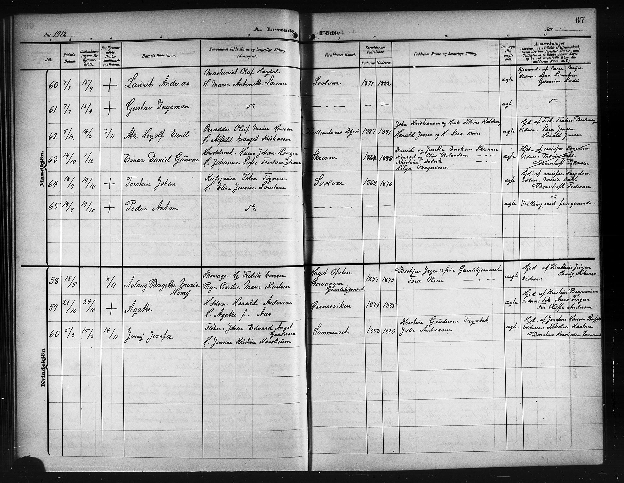 Ministerialprotokoller, klokkerbøker og fødselsregistre - Nordland, AV/SAT-A-1459/874/L1079: Parish register (copy) no. 874C08, 1907-1915, p. 67