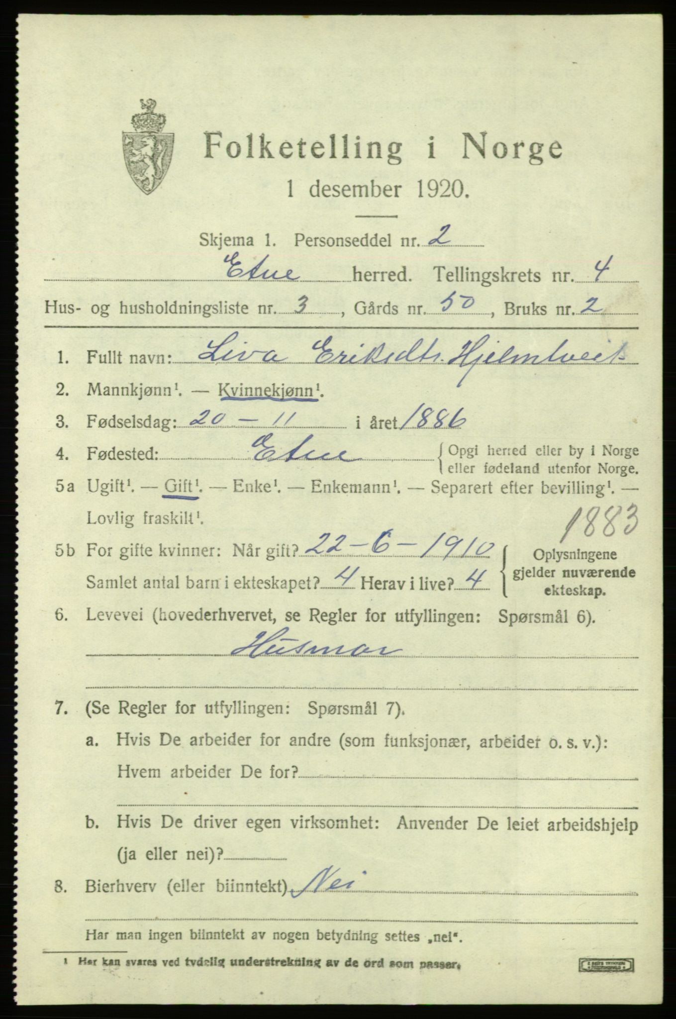 SAB, 1920 census for Etne, 1920, p. 2013