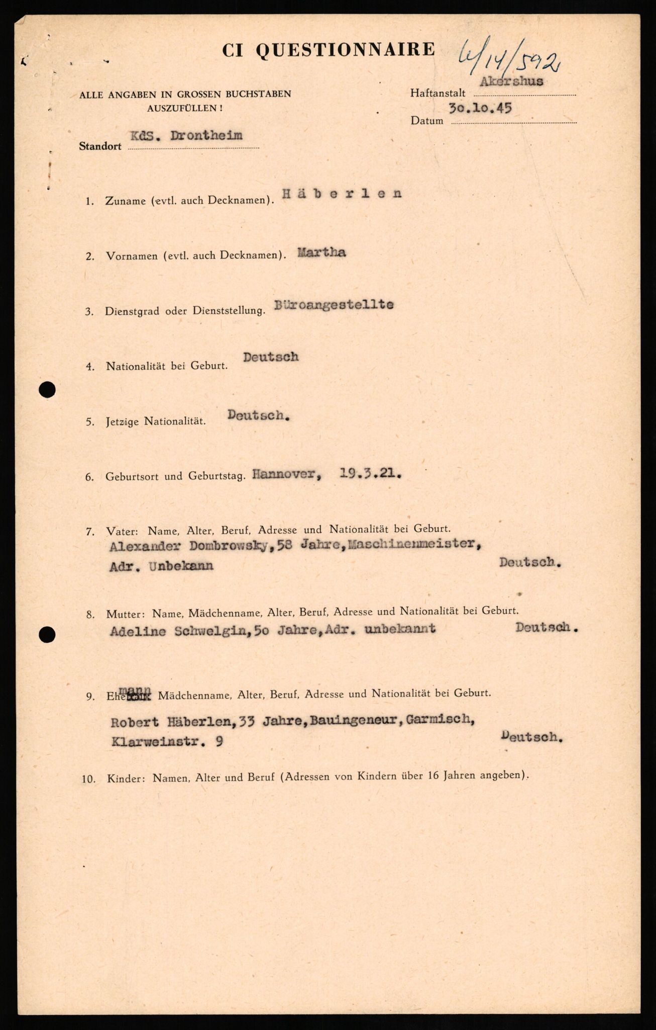 Forsvaret, Forsvarets overkommando II, RA/RAFA-3915/D/Db/L0014: CI Questionaires. Tyske okkupasjonsstyrker i Norge. Tyskere., 1945-1946, p. 226