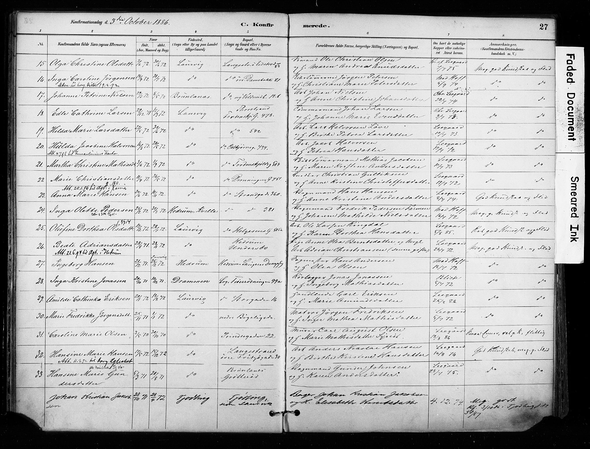 Larvik kirkebøker, AV/SAKO-A-352/F/Fa/L0008: Parish register (official) no. I 8, 1884-1902, p. 27