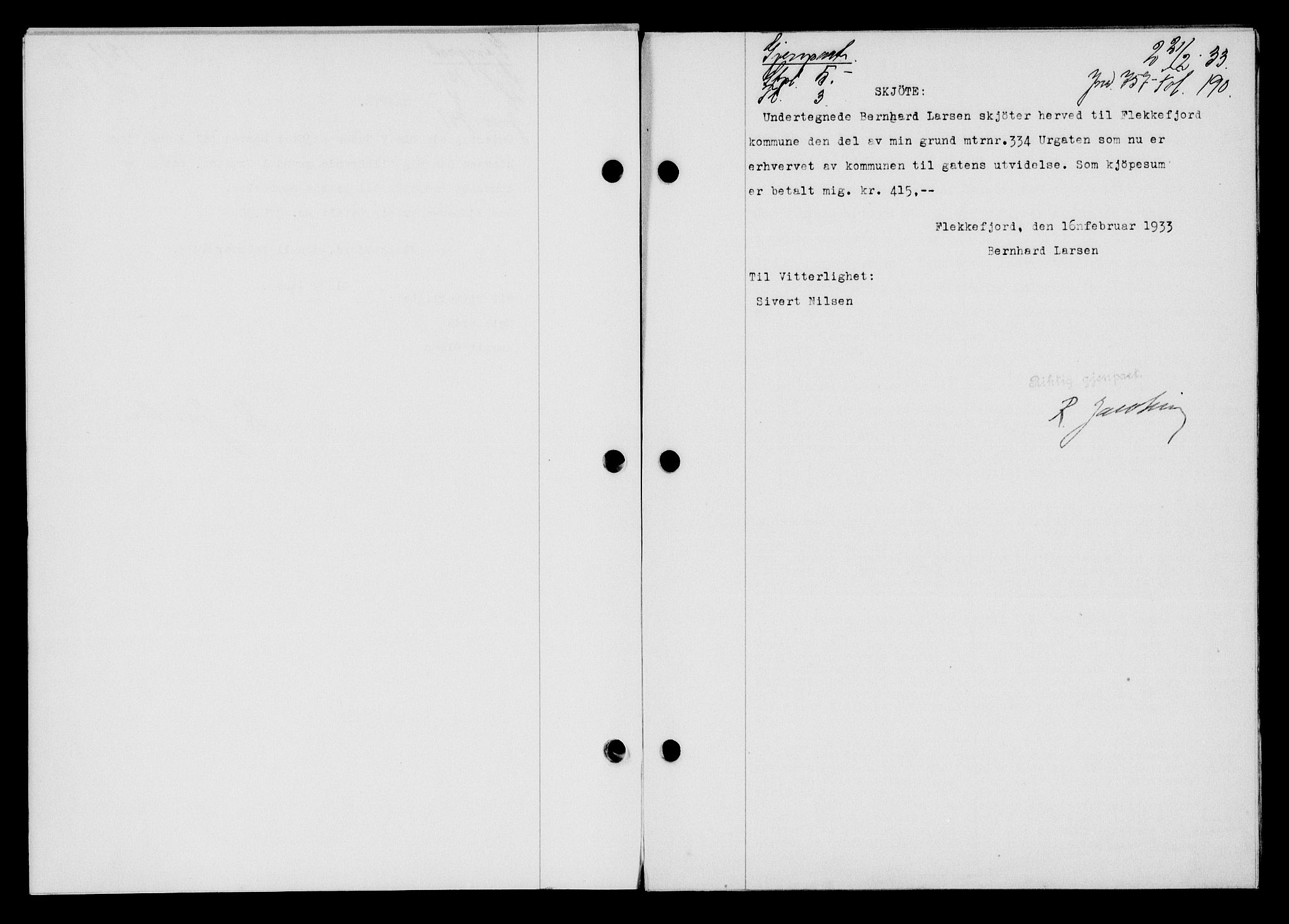 Flekkefjord sorenskriveri, SAK/1221-0001/G/Gb/Gba/L0049: Mortgage book no. 46, 1933-1934, Deed date: 21.02.1933