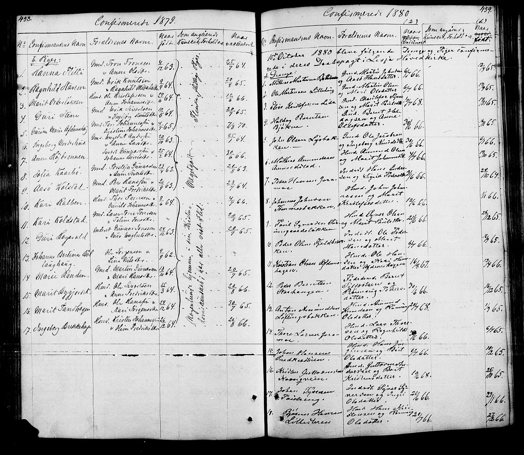 Lesja prestekontor, SAH/PREST-068/H/Ha/Hab/L0005: Parish register (copy) no. 5, 1850-1894, p. 458-459