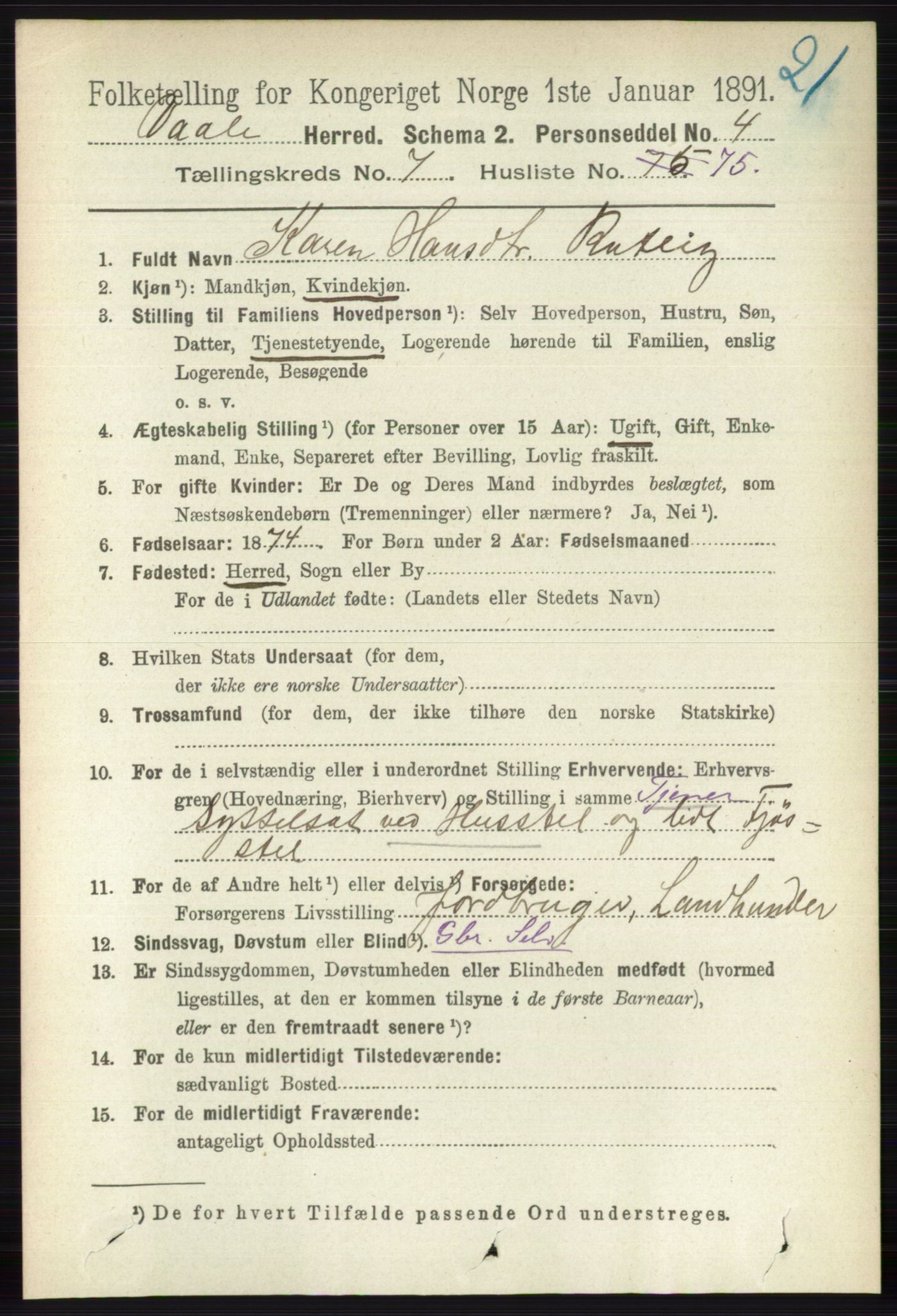 RA, 1891 census for 0716 Våle, 1891, p. 2755