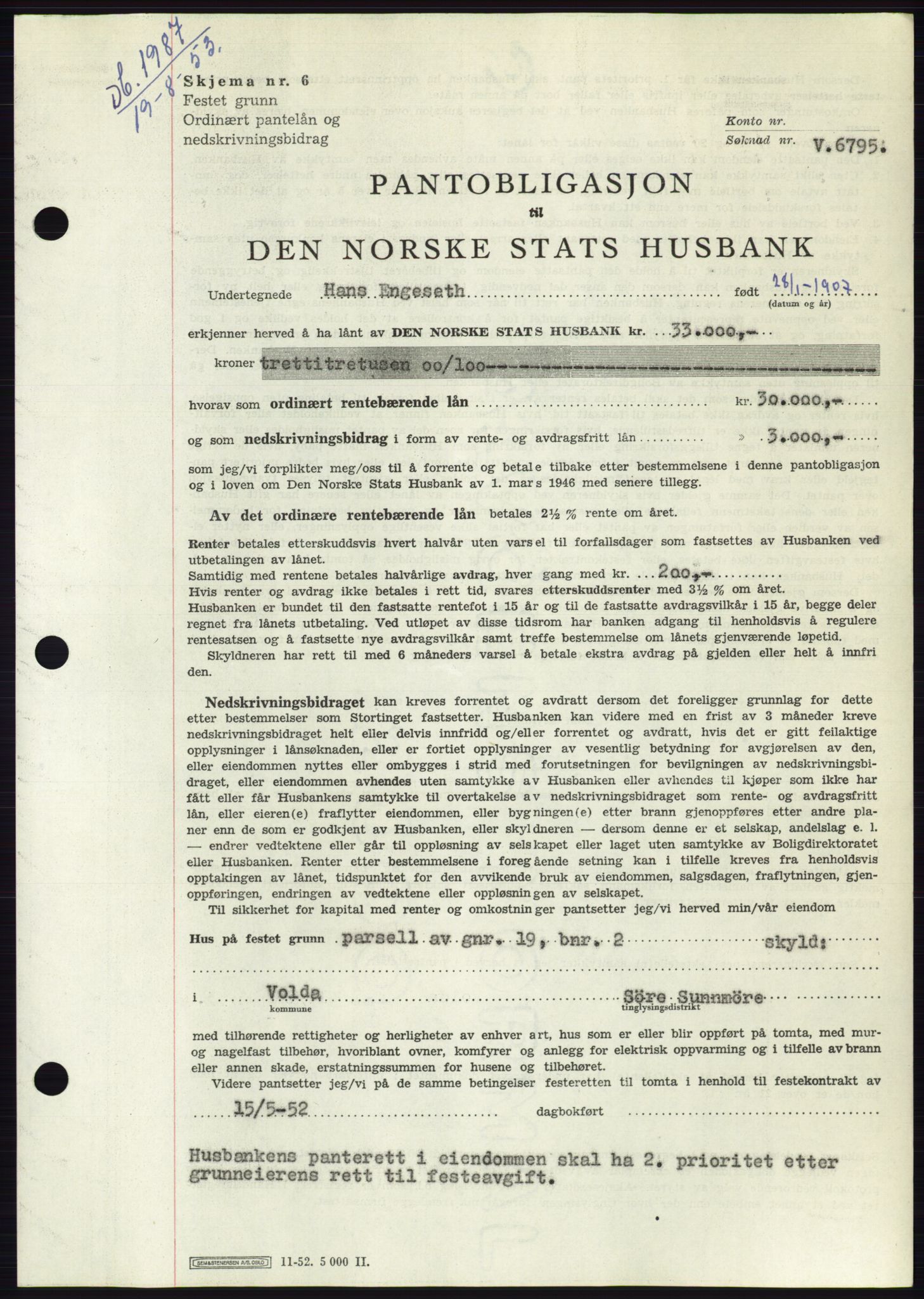 Søre Sunnmøre sorenskriveri, SAT/A-4122/1/2/2C/L0123: Mortgage book no. 11B, 1953-1953, Diary no: : 1987/1953