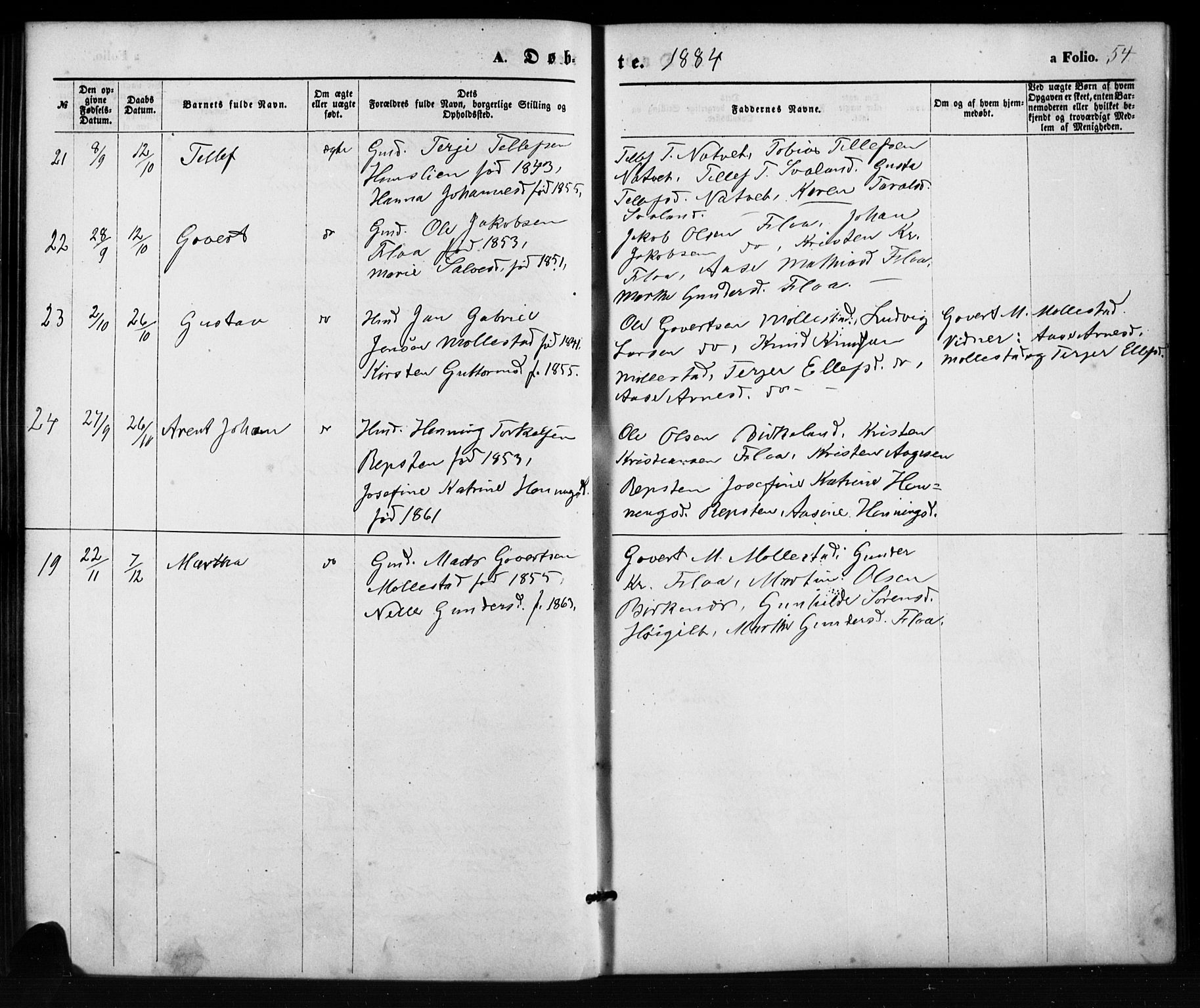 Birkenes sokneprestkontor, SAK/1111-0004/F/Fb/L0003: Parish register (copy) no. B 3, 1876-1892, p. 54