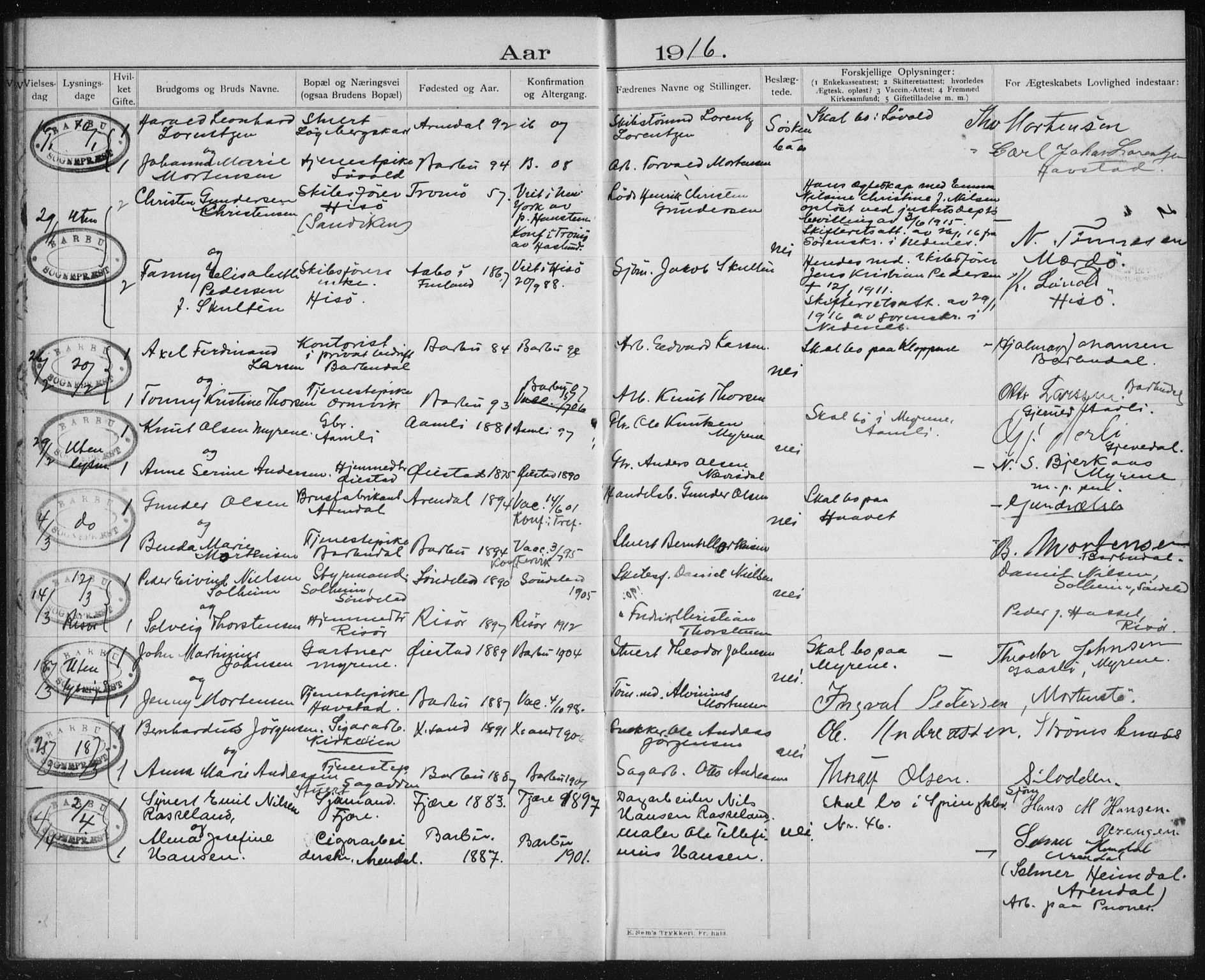 Barbu sokneprestkontor, SAK/1111-0003/F/Fe/L0001: Banns register no. D 1, 1904-1918