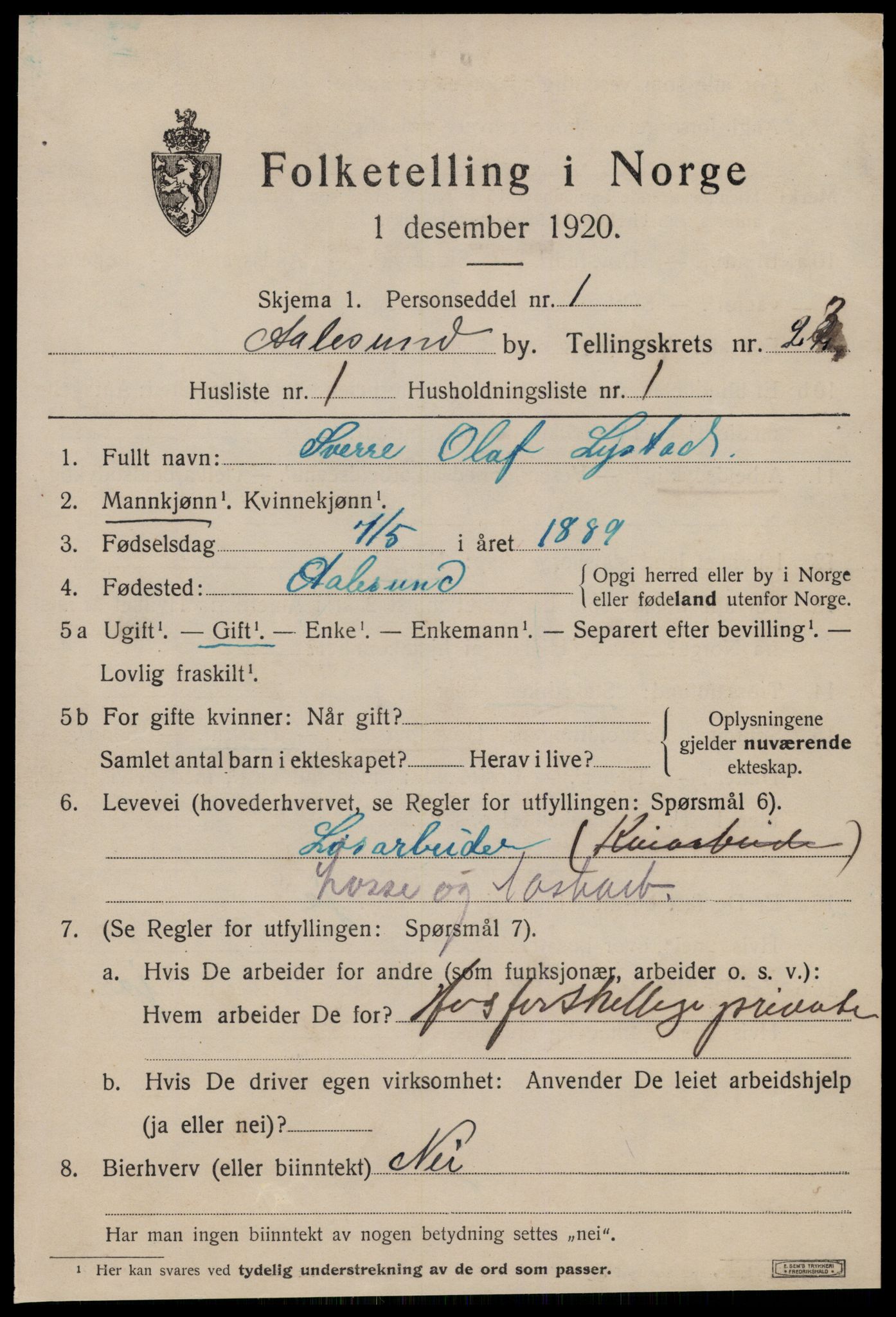 SAT, 1920 census for Ålesund, 1920, p. 42016