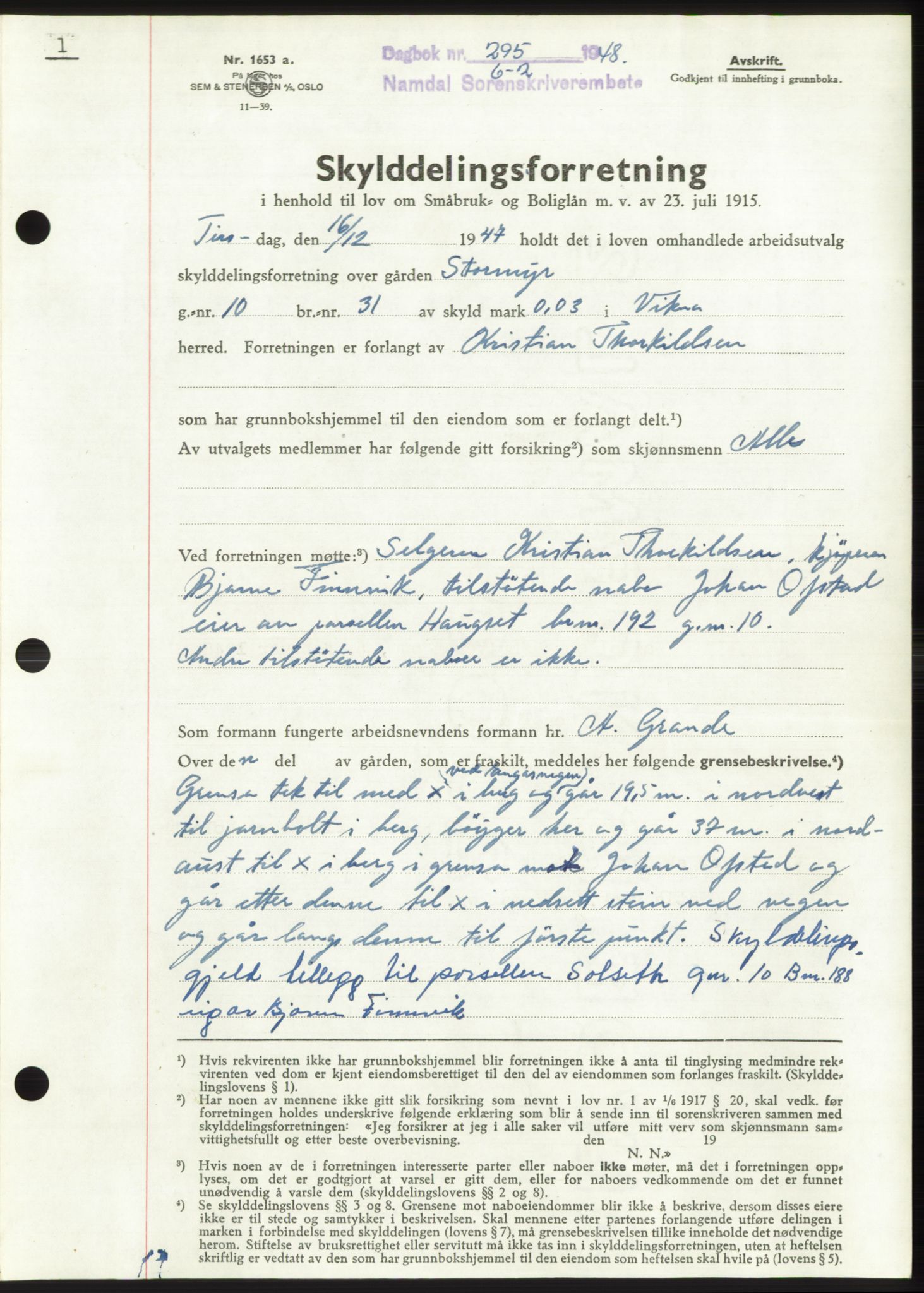 Namdal sorenskriveri, SAT/A-4133/1/2/2C: Mortgage book no. -, 1947-1948, Diary no: : 295/1948