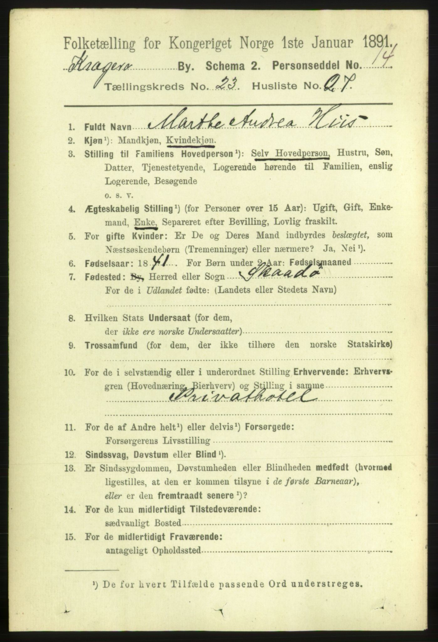 RA, 1891 census for 0801 Kragerø, 1891, p. 4975