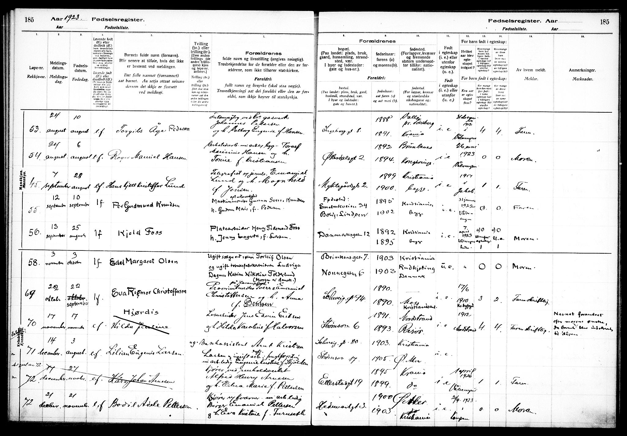 Vålerengen prestekontor Kirkebøker, AV/SAO-A-10878/J/Ja/L0001: Birth register no. 1, 1916-1924, p. 185