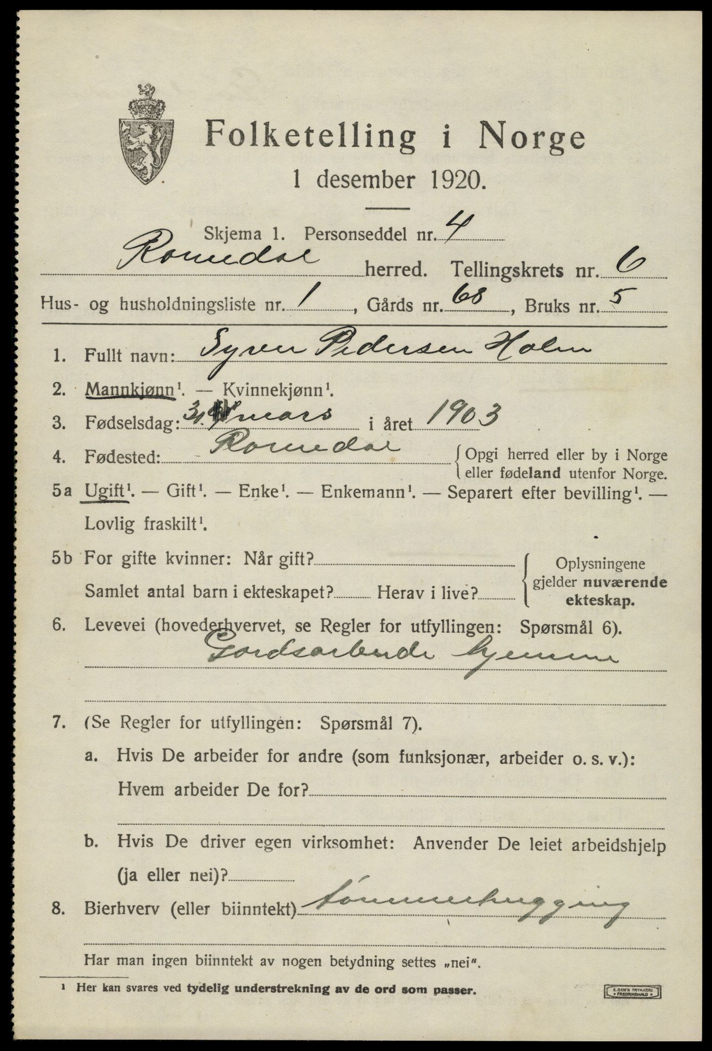 SAH, 1920 census for Romedal, 1920, p. 7779