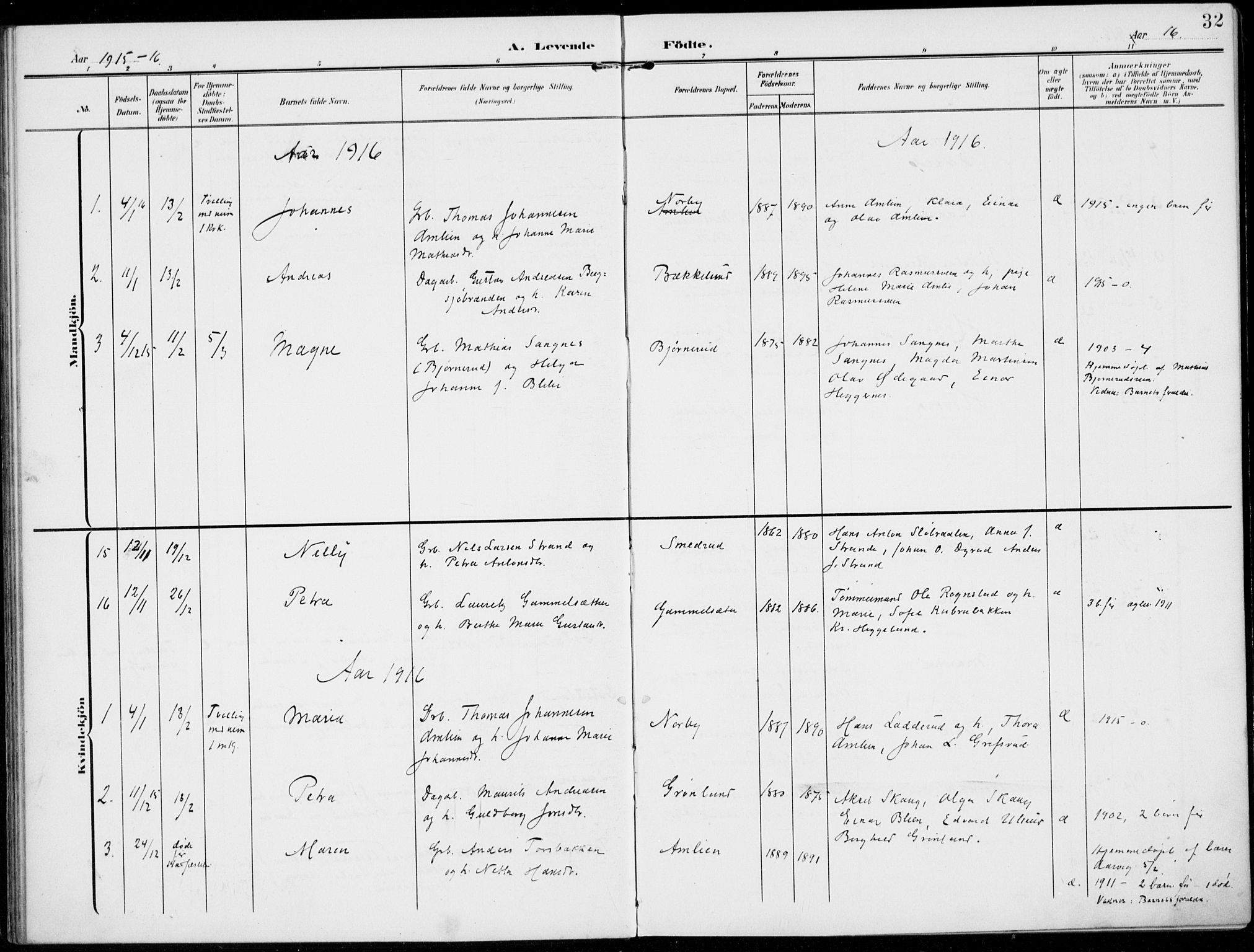 Kolbu prestekontor, SAH/PREST-110/H/Ha/Haa/L0001: Parish register (official) no. 1, 1907-1923, p. 32