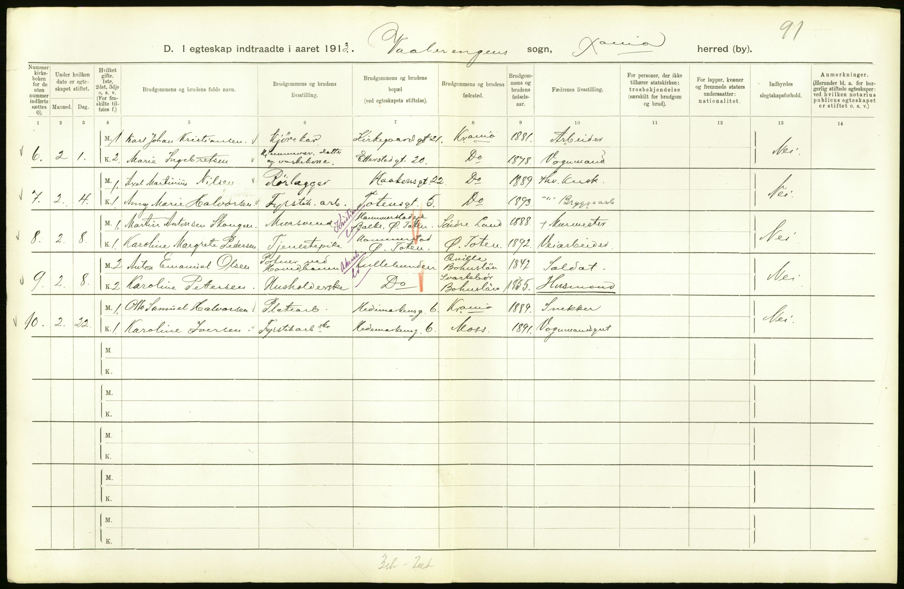 Statistisk sentralbyrå, Sosiodemografiske emner, Befolkning, RA/S-2228/D/Df/Dfb/Dfbc/L0008: Kristiania: Gifte., 1913, p. 88