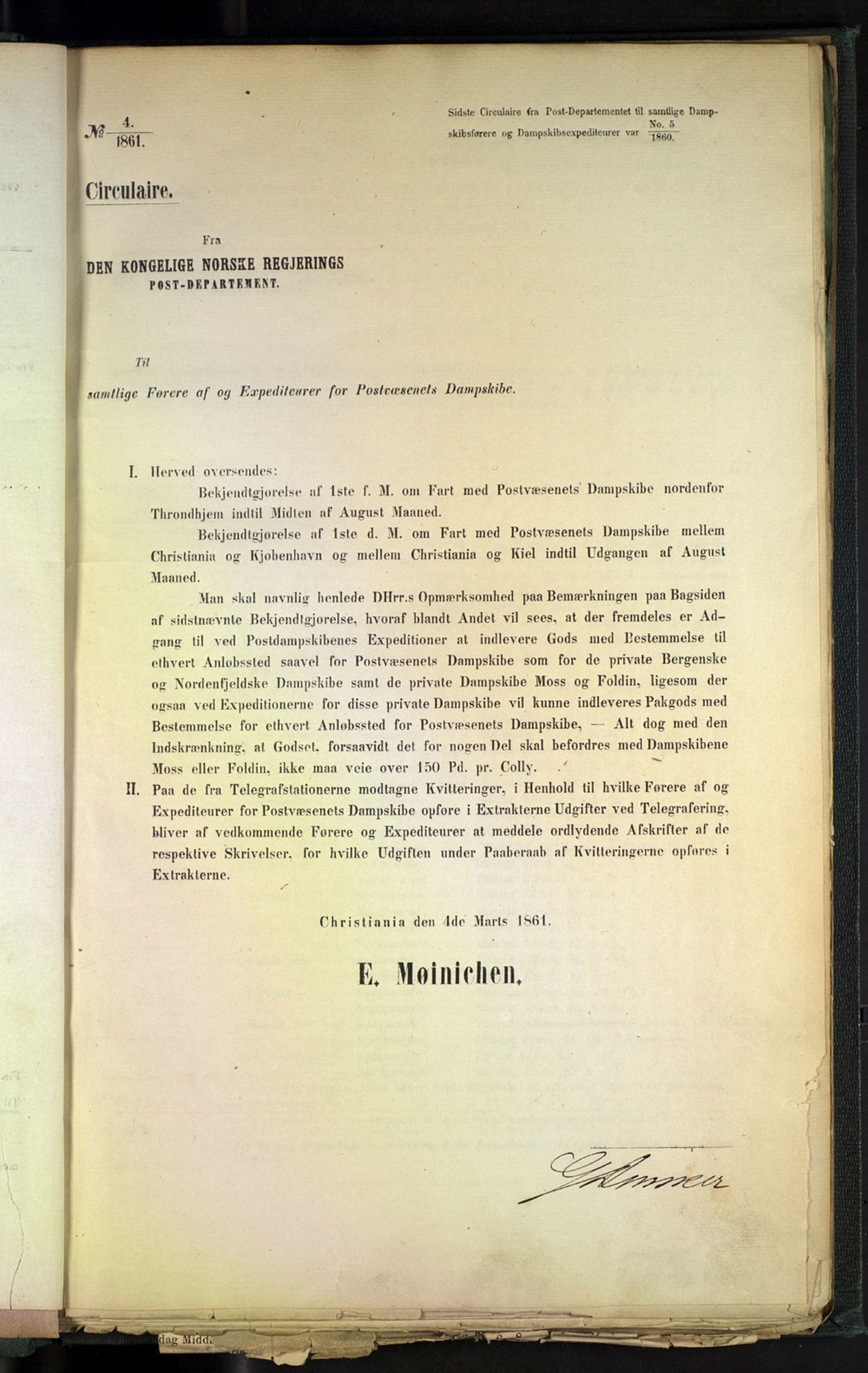 Norges Postmuseums bibliotek, NOPO/-/-/-: Sirkulærer fra Den Kongelige Norske Regjerings Postdepartement, 1861