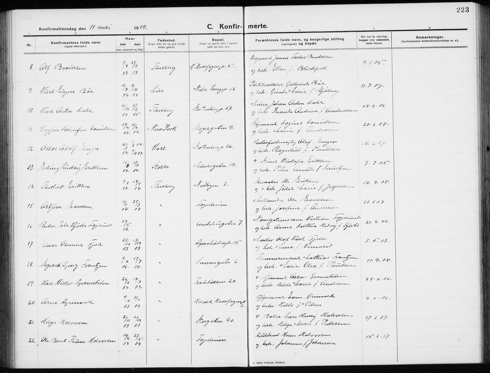 Tønsberg kirkebøker, AV/SAKO-A-330/G/Ga/L0009: Parish register (copy) no. 9, 1913-1920, p. 223