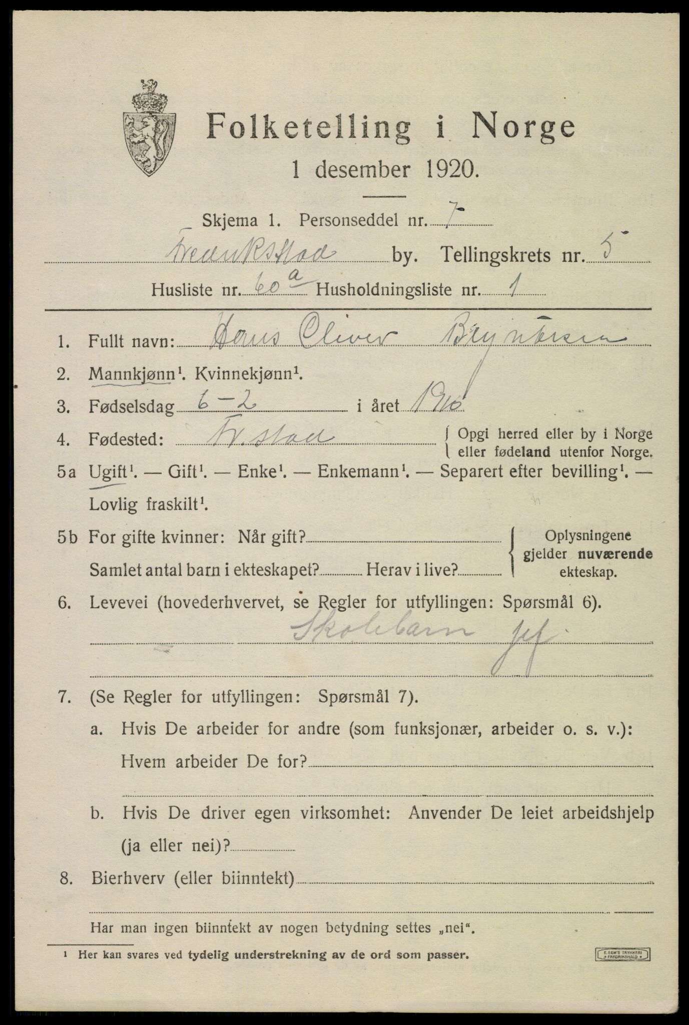 SAO, 1920 census for Fredrikstad, 1920, p. 19615