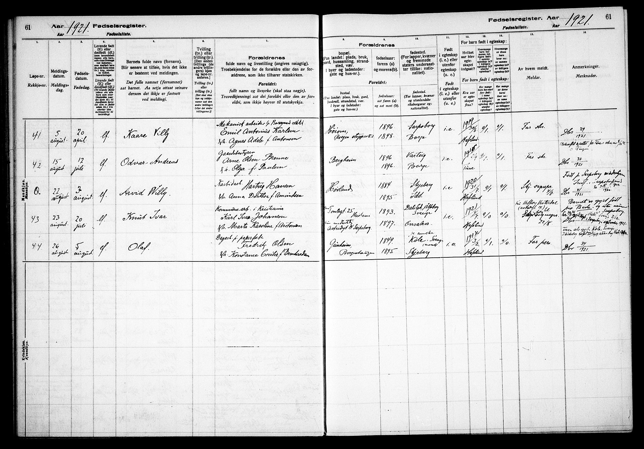 Skjeberg prestekontor Kirkebøker, AV/SAO-A-10923/J/Jd/L0001: Birth register no. IV 1, 1916-1935, p. 61