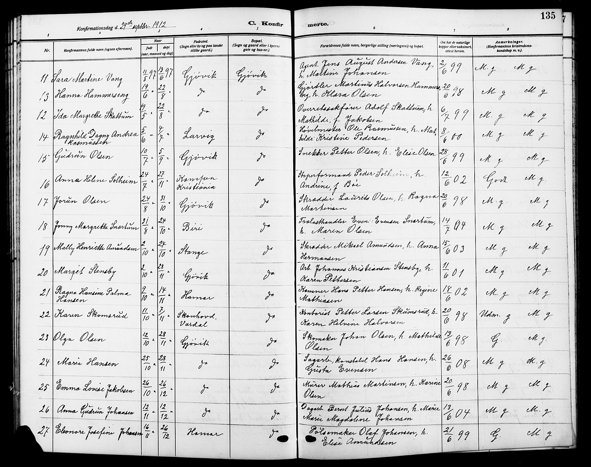 Vardal prestekontor, AV/SAH-PREST-100/H/Ha/Hab/L0014: Parish register (copy) no. 14, 1911-1922, p. 135