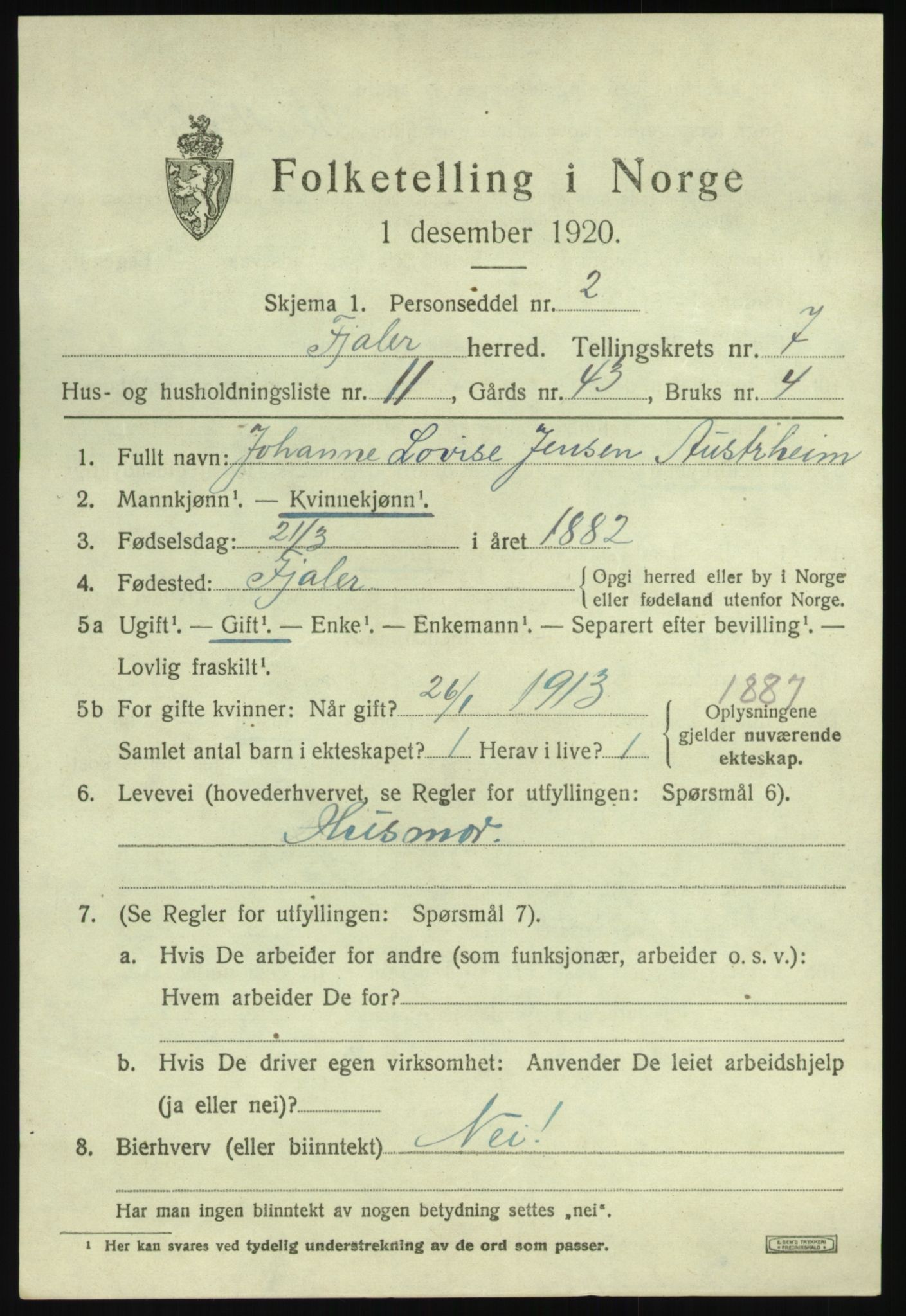 SAB, 1920 census for Fjaler, 1920, p. 4229